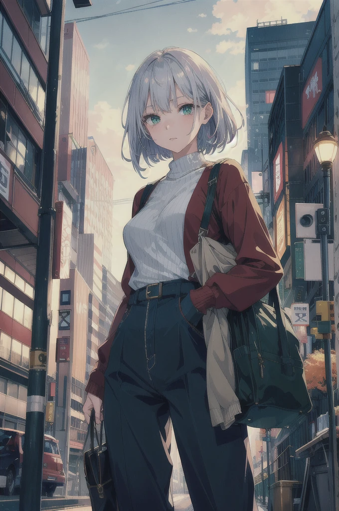 Japan, High resolution, highest quality, figure,  super detailed, (detailed face), (fine eyes), soft lighting, highest quality, Faint glow, dreamy atmosphere, very detailed, masterpiece, 1 girl, alone, silver hair, green eyes, knit, shining eyes, medium breasts, (colorful), cowboy shot, from below, outdoor, morning, cloud, tall buildings in the background, industrial, public transport, urban, concrete buildings, concrete, sidewalk, busy, wood, autumn, Fallen leaves,