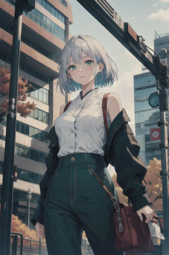 Japan, High resolution, highest quality, figure,  super detailed, (detailed face), (fine eyes), soft lighting, highest quality, Faint glow, dreamy atmosphere, very detailed, masterpiece, 1 girl, alone, silver hair, green eyes, knit, shining eyes, medium breasts, (colorful), cowboy shot, from below, outdoor, morning, cloud, tall buildings in the background, industrial, public transport, urban, concrete buildings, concrete, sidewalk, busy, wood, autumn, Fallen leaves,