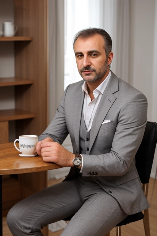 Can you create an attractive male character for me?, Sit at a table at home, holding tea in hand, 43 years old, wearing a suit, Matching jacket and pants, Handsome, sporty, Some gray hair, look like turkish?