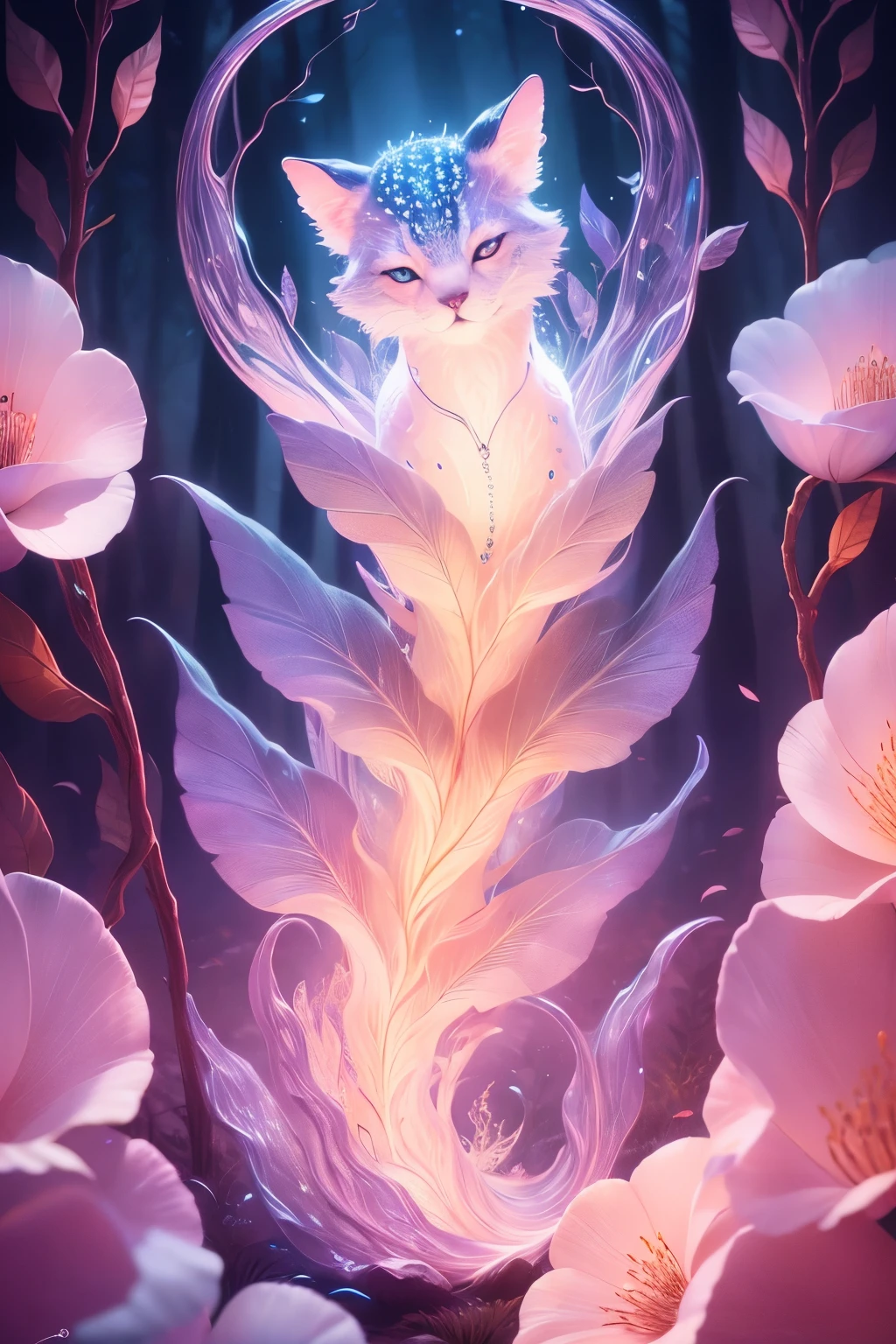 a delicate mythological creature in a forst clearing its skin like silk with a delicate pattern of spots and stripes that seemed to shimmer in the night, 8K, colorful lighting, vivid, ultra details, surreal photography