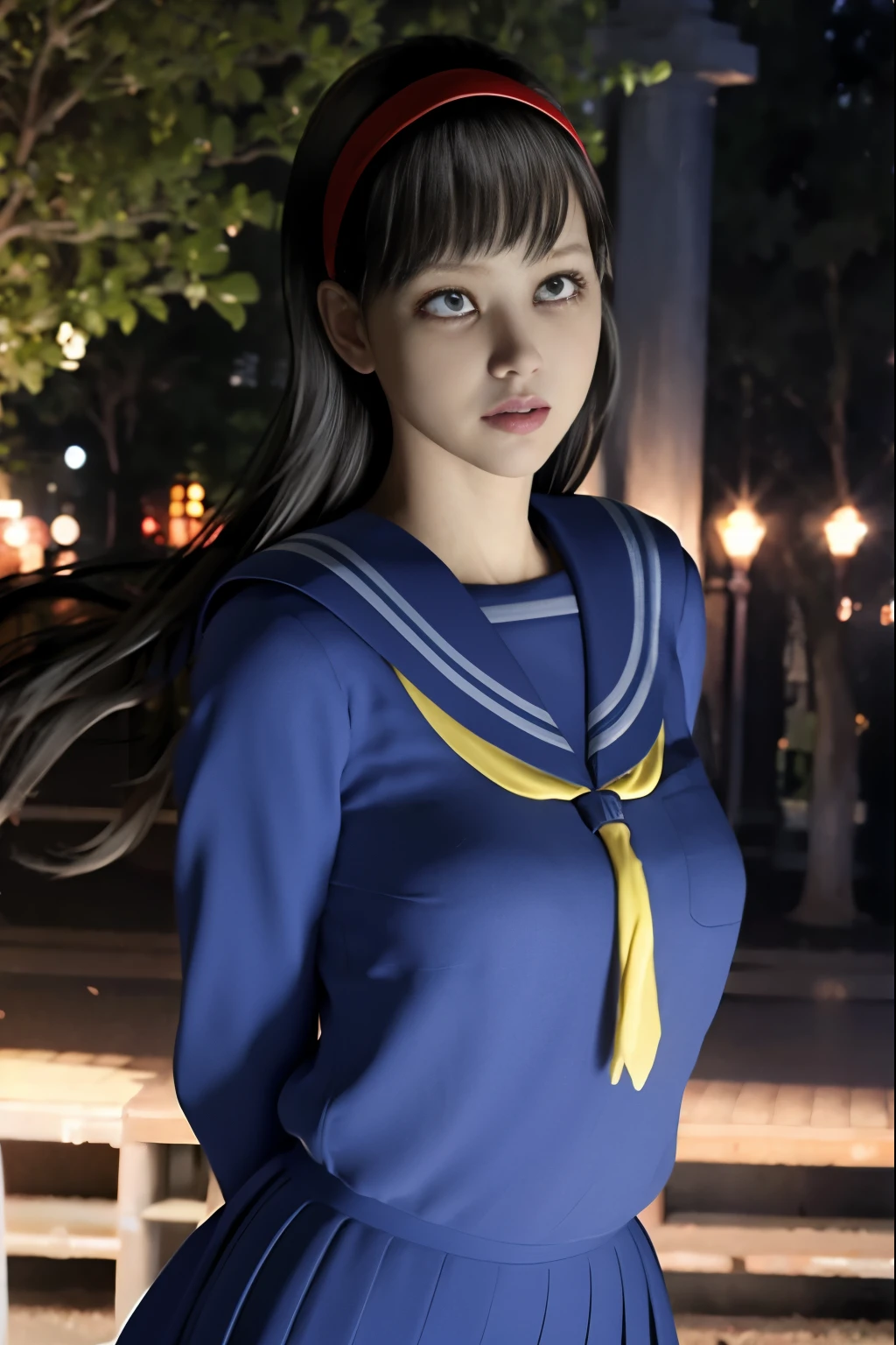 ((she is very surprised and cries、fall into fear))、(8K, highest quality, masterpiece:1.2), (realistic, photo-realistic:1.37), Super detailed,highest quality, ultra high resolution, professional lighting, photon mapping, radio city, Physically based rendering, cinematic lighting, Midnight Road,Depth of written boundary, sharp focus,sunbeam, good composition,(Bokeh:1.2) 1 girl,alone,(whole body), (closed mouth),fine and beautiful eyes, temporarily stop, tight waist,Japanese high school girl, black hair,messy hair,long hair fluttering in the wind,(Ulzzang-6500:1.2) mix 4, hiqcgbody