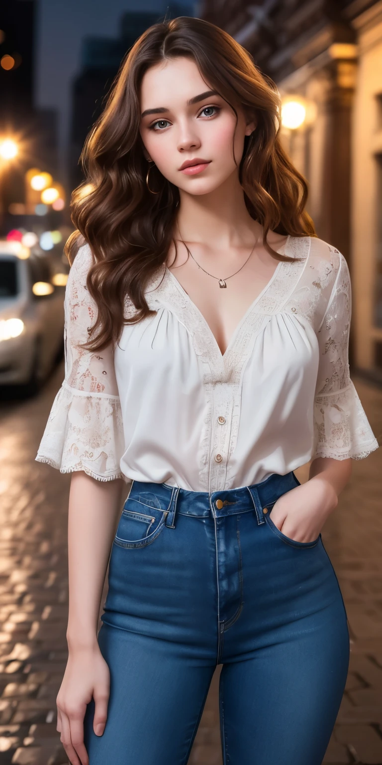 photo of a 20-year-old Russian girl, RAW, beautiful woman, (extra long wavy brown hair), ((portrait)), ((detailed face: 1.2)), ((detailed facial features)), (finely detailed skin), pale skin, highly detailed deep neckline, Blouse and jeans, megacity environment, (cool colors), damp, damp, reflections, (masterpiece) (perfect proportion)(realistic photo)(best quality) (detailed) photographed on a Canon EOS R5,   50mm lens, F/2.8, HDR, (8k) (wallpaper) (cinematic lighting) (dramatic lighting) (sharp focus) (intricate), moscow,