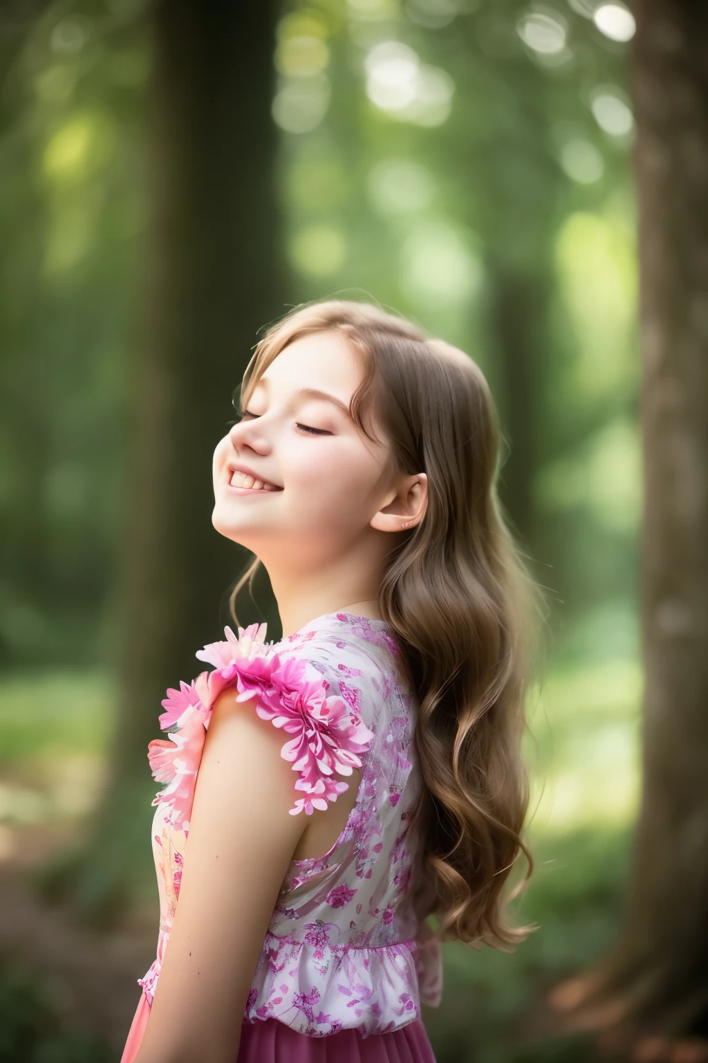 Basking in the ethereal charm of a springtime morning, a young girl with rosy cheeks andlong, wavy chestnut hair stands enraptured beneath the canopy of towering trees. Her eyes, the hue of melted chocolate, are illuminated with wonder as they trace the delicate dance of sunlight on the dew-kissed petals of flowers that carpet the forest floor. A gentle breeze caresses her freckled shoulders, as she closes her eyes and savors the symphony of scents that waft through the air – the sweet aroma of blooming flowers mingling with the earthy scent of damp soil.
The vibrant symphony of colors