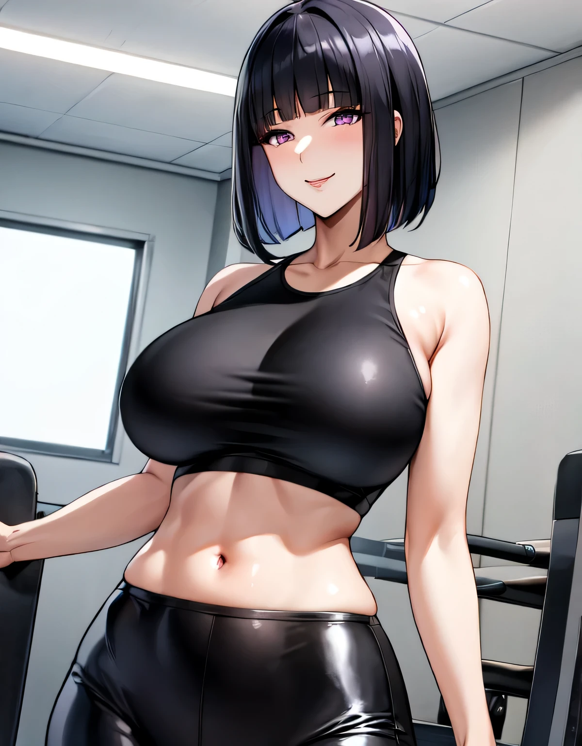 indoor,gym,wide hips,shiny black yoga pants,shiny black sport bra,((sensitive smile)),medium hair,((blunt bangs)),(light Purple eyes),beautiful skin,(shiny skin),black hair,(large breasts:1.5),(shiny hair),((solo)),((masterpiece)),((best quality)),perfect anatomy,slim waist,perfect image,8k UHD,(beautiful detailed eyes:1.3),extremely detailed face,standing,(upper body:1.2),(look at the front:1.5),arms behindback,ultra-detailed,absurdres,highres,sexy mature women,30 yearls-old,mature female,