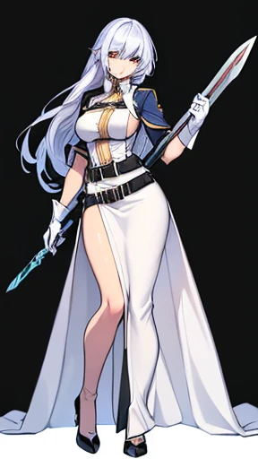(((Best Quality))) , ((full body)), female, reference sheet, solo, (white background), holding weapon, gloves, trench skirt, belt, standing, bikini, side slit skirt, gloves, blue, orange, green, violet, brown, white, bare shoulder,