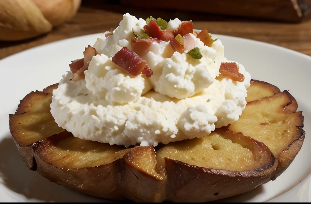 Batata recheada , with cottage cheese and bacon flavor