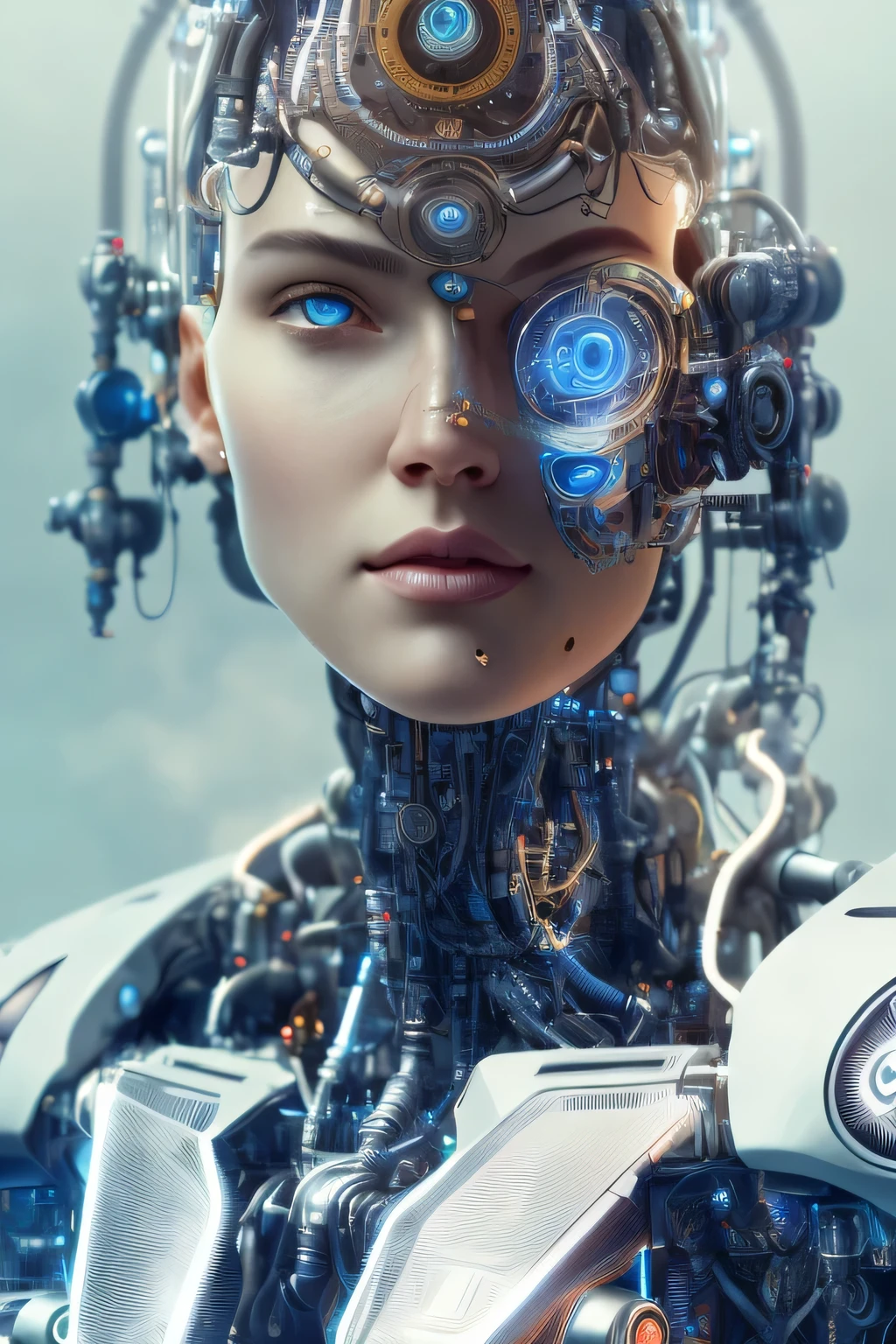 full body cyborg| closeup portrait| detailed face| asymmetric| steampunk| cyberpunk| cyborg| intricate detailed| to scale| hyperrealistic| cinematic lighting| digital art| concept art| mdjrny-v4 style