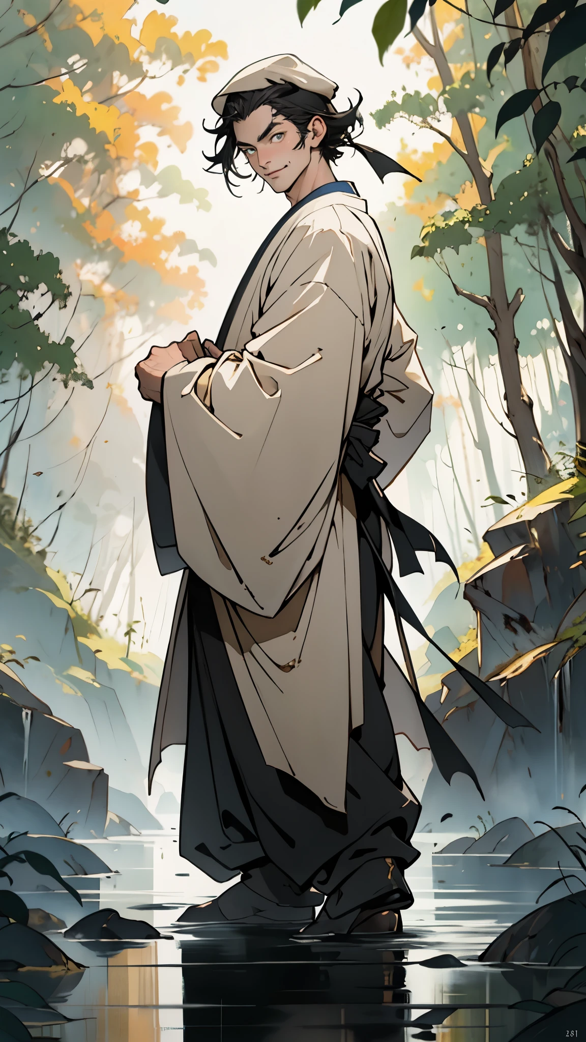 A young man wearing a scholar's square cap, clear and bright eyes, a dignified and refined face, a friendly smile, short hair is peeking out the cap, tall and slender figure, a fantasy-style scholar's long robe coat with a long hem, wide sleeves, loose trousers, bathed in sunlight amidst the gentle breeze of the woods, this character embodies a finely crafted fantasy martial arts-style scholar in anime style, exquisite and mature manga art style, high definition, best quality, highres, ultra-detailed, ultra-fine painting, extremely delicate, professional, perfect body proportions, golden ratio, anatomically correct, symmetrical face, extremely detailed eyes and face, high quality eyes, creativity, RAW photo, UHD, 32k, Natural light, cinematic lighting, masterpiece-anatomy-perfect, masterpiece:1.5