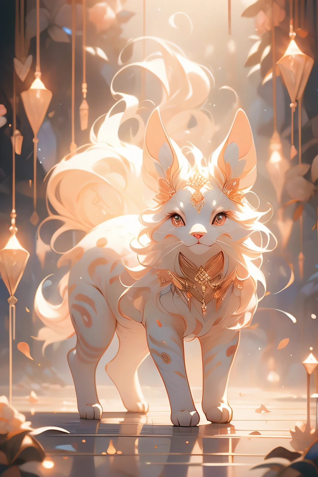 a delicate mythological creature in a forst clearing its skin like silk with a delicate pattern of spots and stripes that seemed to shimmer in the night, 8K, colorful lighting, vivid, ultra details, surreal photography