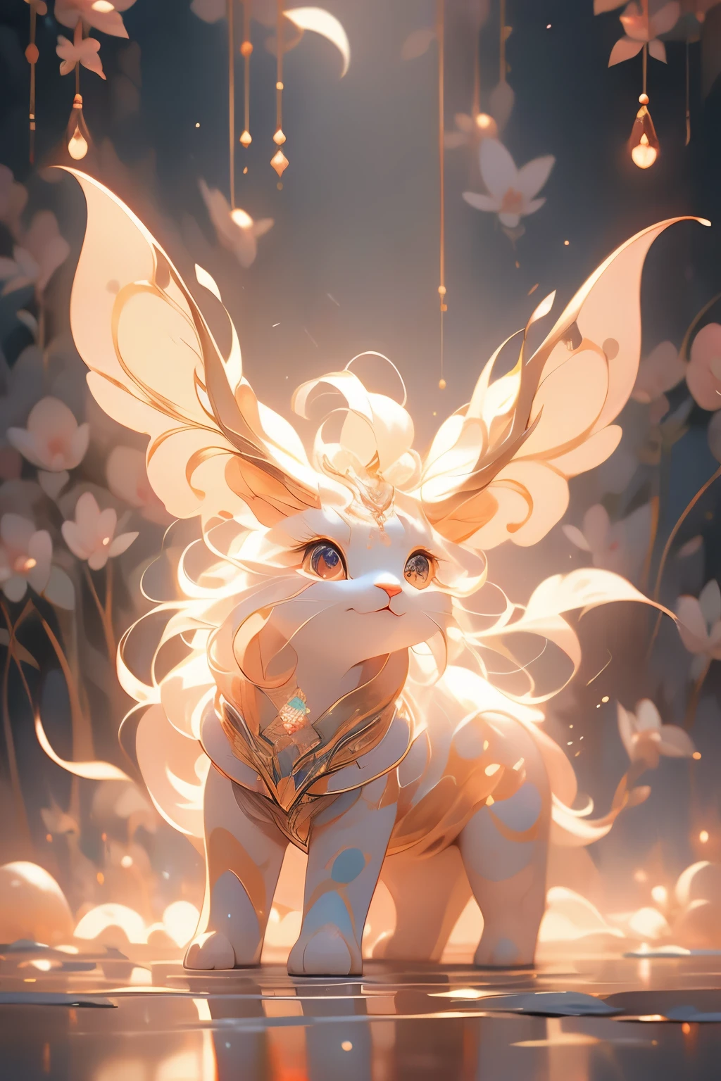 a delicate mythological creature in a forst clearing its skin like silk with a delicate pattern of spots and stripes that seemed to shimmer in the night, 8K, colorful lighting, vivid, ultra details, surreal photography