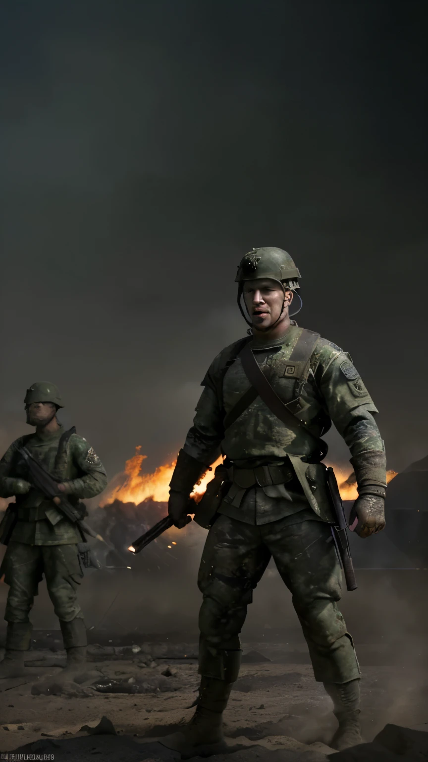 A group of soldiers stood in front of the fire with weapons, battlefield 1, battlefield 5, battlefield, battleground background, inspired by Kanō Hōgai, soldier under heavy fire, Fight a war, WWI, inspired by Kōno Michisei, Movie Battleground, ps5 cinematic screen capture, WWI, WW 1, Burning battlefield background