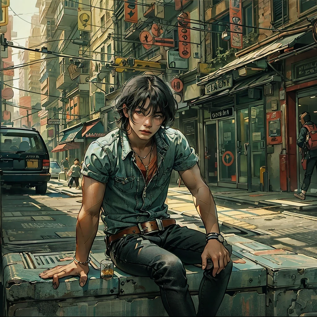 City street-metropolis. ung man crouched, modern, . masterpiece, Best quality (surrealism: 1.3), Big, quality, (masterpiece: 1.2), (realism: 1.2), (Best quality), (leather detail: 1.3), sunny day, 1 yoman. Long black hair, young, modern clothes, sat down next to him. (Plain T-shirt, slim, strong body, sinewy hands, broad shoulders, tight pants, hands are decorated with belts, bracelets). ((expressive eyes)), Brown eyes, black hair. modern clothes (surrealism: 1.3), Big, high-quality, modern clothes. Hand-drawn realism.