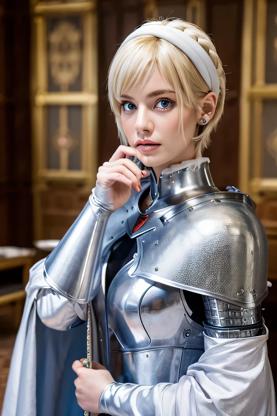 8k、female knight、female general、Cape on the back、The background is a room in a castle.、Luxurious Silver Armor、full body photo、hairstyle short cut、ear piercing、white woman、blonde hair、blue eyes、heavy makeup、