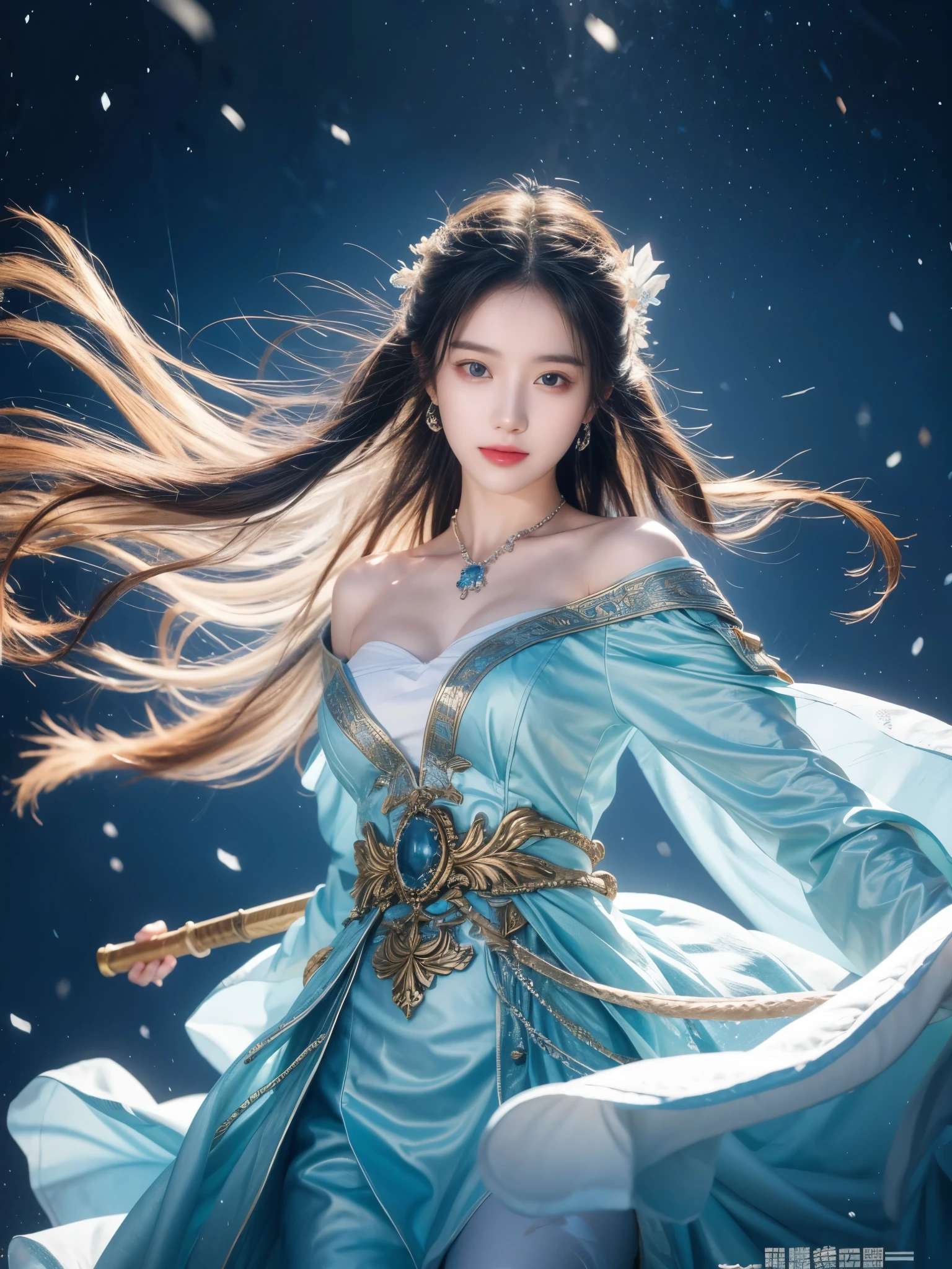 Snow mountain sword painting method, Ancient style woman&#39;s cold ice flame sword, Holding a sword burning with blue flames, Dancing with a sword in white clothes, long hair flowing in the snow, Beautiful woman holding a silver sword, Wear jade jewelry, Her face is full of confident smile, She is suspended in the clouds like a fairy, Behind her are layers of mountains  