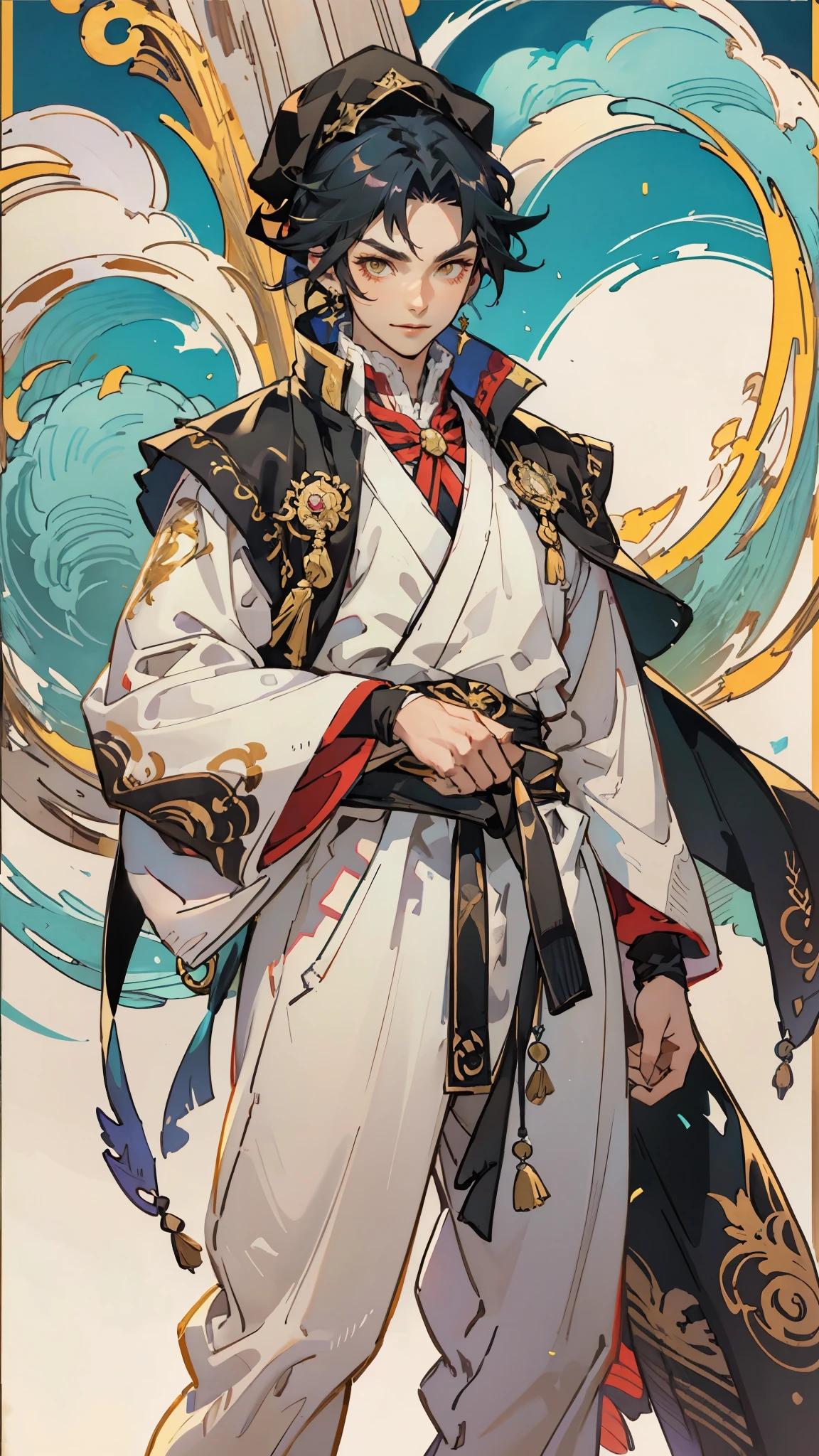 A young man wearing a scholar's square cap, clear and bright eyes, a dignified and refined face, a friendly smile, short hair is peeking out the cap, tall and slender figure, a fantasy-style scholar's long robe coat with a long hem, wide sleeves, loose trousers, bathed in sunlight amidst the gentle breeze of the woods, this character embodies a finely crafted fantasy martial arts-style scholar in anime style, exquisite and mature manga art style, high definition, best quality, highres, ultra-detailed, ultra-fine painting, extremely delicate, professional, perfect body proportions, golden ratio, anatomically correct, symmetrical face, extremely detailed eyes and face, high quality eyes, creativity, RAW photo, UHD, 32k, Natural light, cinematic lighting, masterpiece-anatomy-perfect, masterpiece:1.5