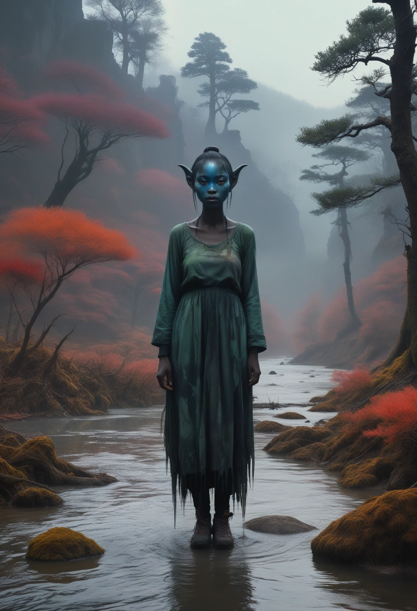 creates horrifying beings, of many colors and with bleeding pigmentation, which takes place in a river next to a forest with dense bismuth fog, all in 16k definition,full body length,opal girl,ogre ,pretty face,eyebrow up,full body shot,ominous Cleavelandite landscape,niobium gray atmosphere,by art Simon Stalenhag,Nicola Samori,Wangechi Mutu,prime colors,urban,extremely detailed,masterpiece,intricate details,faded,eyes extremely detailed, high detailed eyes,4k resolution,RAW, Nikon Z9,scary village,hunter,goblin,Stone Forest in Yunnan Province of China,Zhangjiajie National Forest Park of China