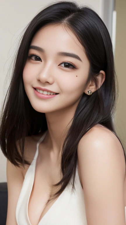 Lifelike depiction,Moisturized long straight black hair,((A small mole under the left eye)),18 year old beautiful girl,(medium chest),Lightly fluttering hair,(whole body),slightly dark skin,(Slightly droopy eyes),cute smile