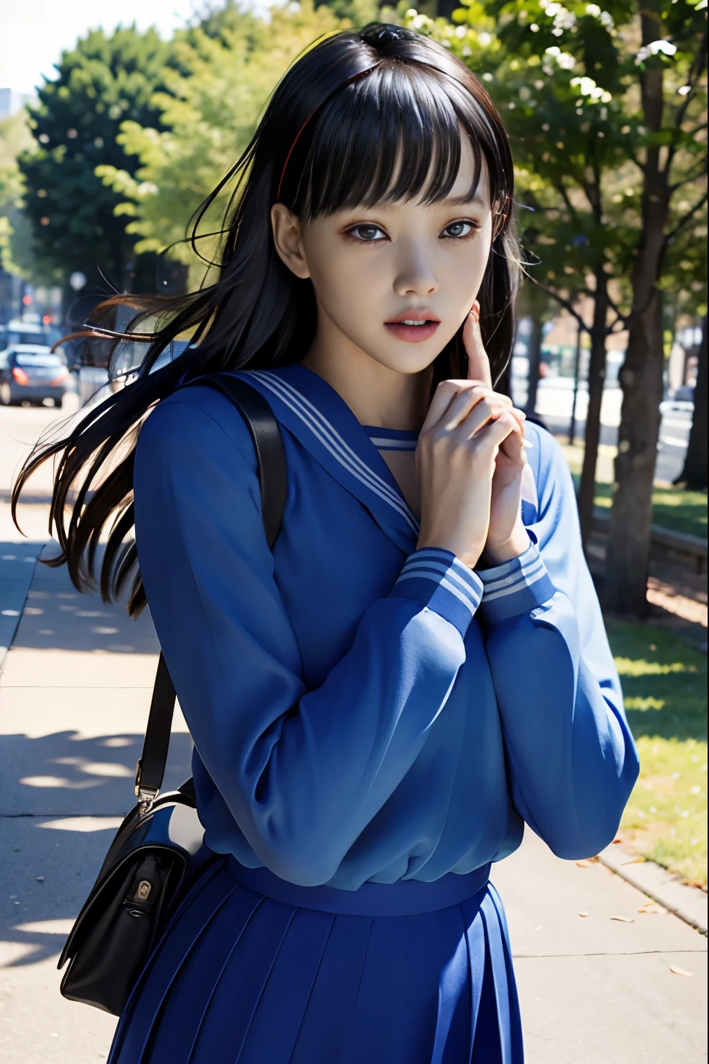 ((she is very surprised and cries、fall into fear))、(8K, highest quality, masterpiece:1.2), (realistic, photo-realistic:1.37), Super detailed,highest quality, ultra high resolution, professional lighting, photon mapping, radio city, Physically based rendering, cinematic lighting, Midnight Road,Depth of written boundary, sharp focus,sunbeam, good composition,(Bokeh:1.2) 1 girl,alone,(whole body), (closed mouth),fine and beautiful eyes, temporarily stop, tight waist,Japanese high school girl, black hair,messy hair,long hair fluttering in the wind,(Ulzzang-6500:1.2) mix 4, hiqcgbody