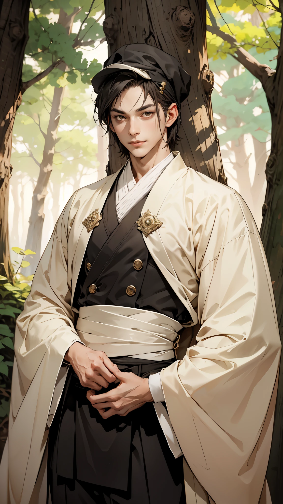 A young man wearing a scholar's square cap, clear and bright eyes, a dignified and refined face, a friendly smile, short hair is peeking out the cap, tall and slender figure, a fantasy-style scholar's long robe coat with a long hem, wide sleeves, loose trousers, bathed in sunlight amidst the gentle breeze of the woods, this character embodies a finely crafted fantasy martial arts-style scholar in anime style, exquisite and mature manga art style, high definition, best quality, highres, ultra-detailed, ultra-fine painting, extremely delicate, professional, perfect body proportions, golden ratio, anatomically correct, symmetrical face, extremely detailed eyes and face, high quality eyes, creativity, RAW photo, UHD, 32k, Natural light, cinematic lighting, masterpiece-anatomy-perfect, masterpiece:1.5