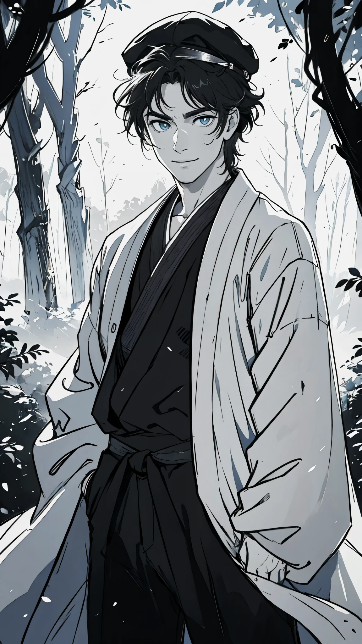 A young man wearing a scholar's square cap, clear and bright eyes, a dignified and refined face, a friendly smile, short hair is peeking out the cap, tall and slender figure, a fantasy-style scholar's long robe coat with a long hem, wide sleeves, loose trousers, bathed in sunlight amidst the gentle breeze of the woods, this character embodies a finely crafted fantasy martial arts-style scholar in anime style, exquisite and mature manga art style, high definition, best quality, highres, ultra-detailed, ultra-fine painting, extremely delicate, professional, perfect body proportions, golden ratio, anatomically correct, symmetrical face, extremely detailed eyes and face, high quality eyes, creativity, RAW photo, UHD, 32k, Natural light, cinematic lighting, masterpiece-anatomy-perfect, masterpiece:1.5