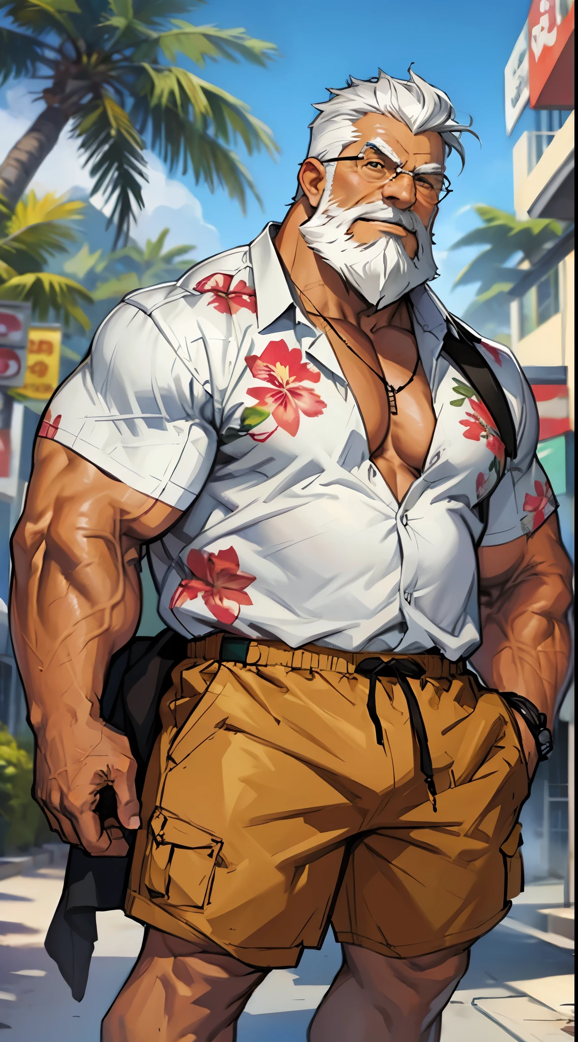 chubby old man in street city, old man, thick arm, huge arm, bearded. white hair and beard, bearded, muscular, pectoral, wide pectoral, beach, palm, realistic, 8k, masterpiece, (wearing shorts and white Hawaiian shirt, shoes)