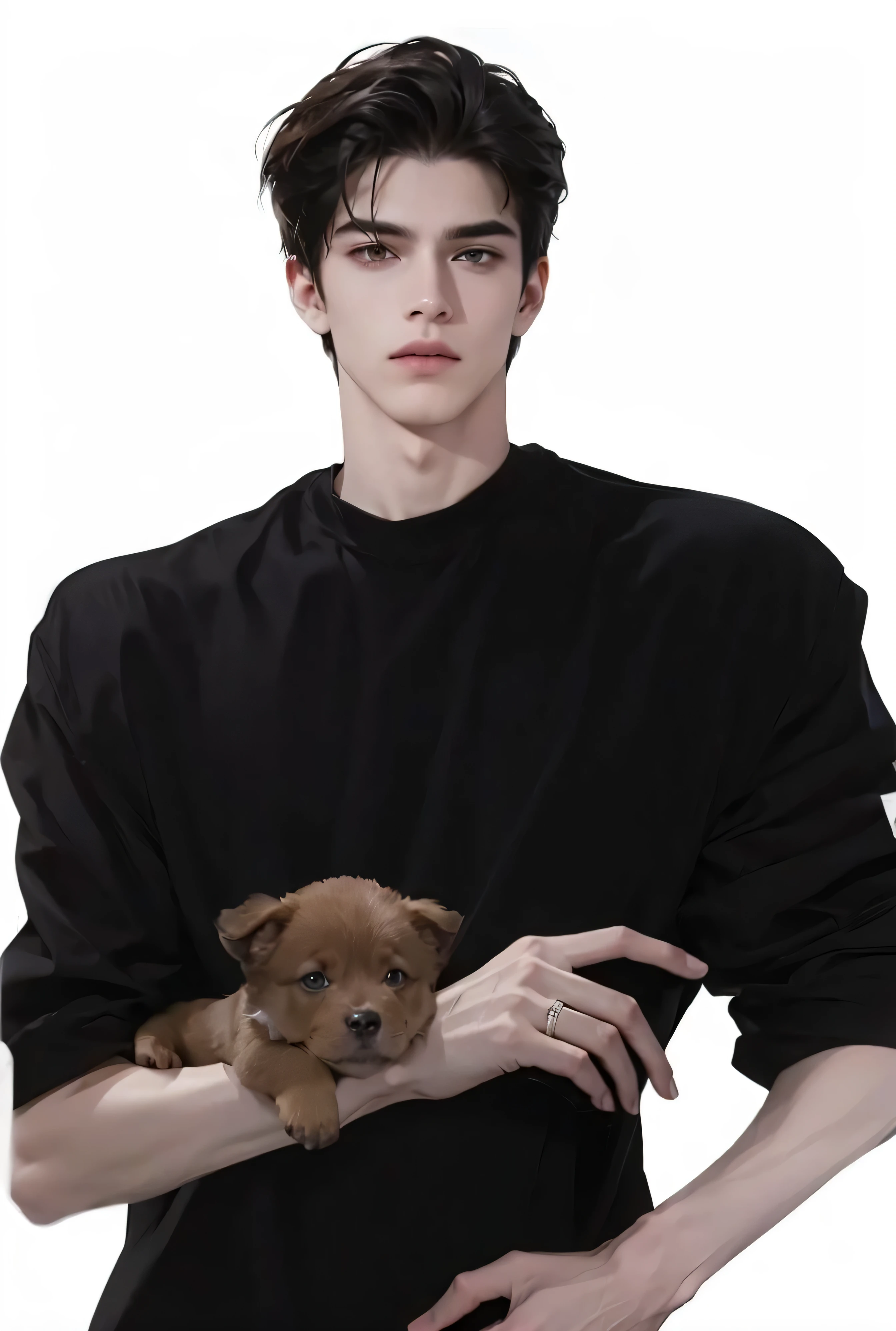 handsome boy, short hair, black hair, brown eyes, black jacket, brown puppy