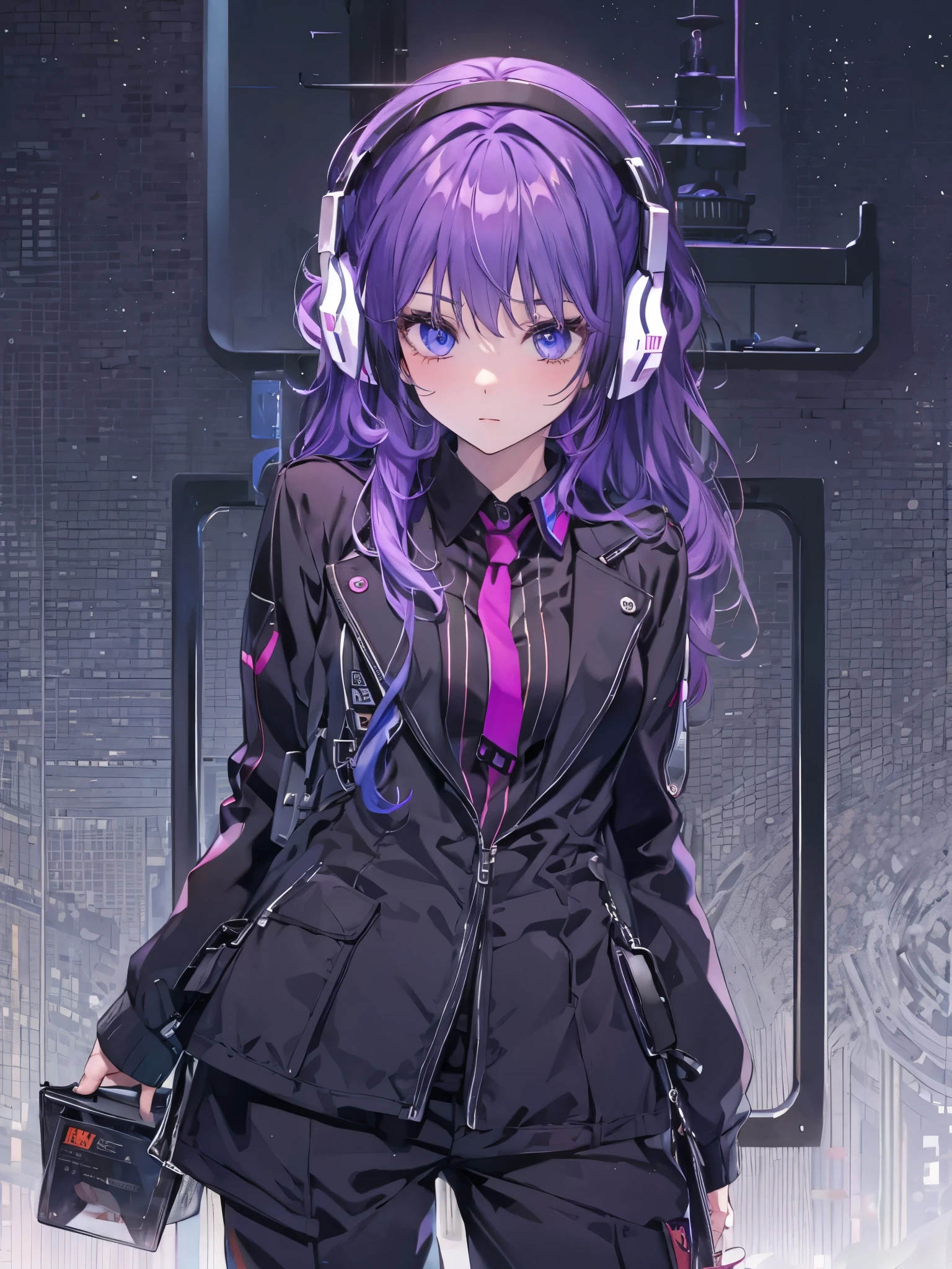 purple hair，profile，Female person，headphoneike stand、Purple suit set、black shirt、cutter shirt、Blue pubic hair in the eye