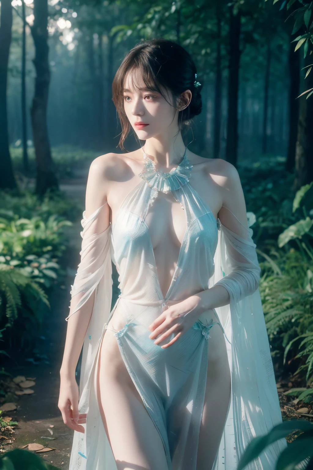 a delicate mythological creature in a forst clearing its skin like silk with a delicate pattern of spots and stripes that seemed to shimmer in the night, 8K, colorful lighting, vivid, ultra details, surreal photography ，blue，red，green，blue