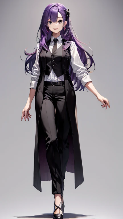 purple hair,Long Hair Woman,bartender,Black vest,Y-shirt,tie,pants,high heels,all,simple background,smile,whole body,full body,full body,Standing picture,vtuber,upright,,Look forward,