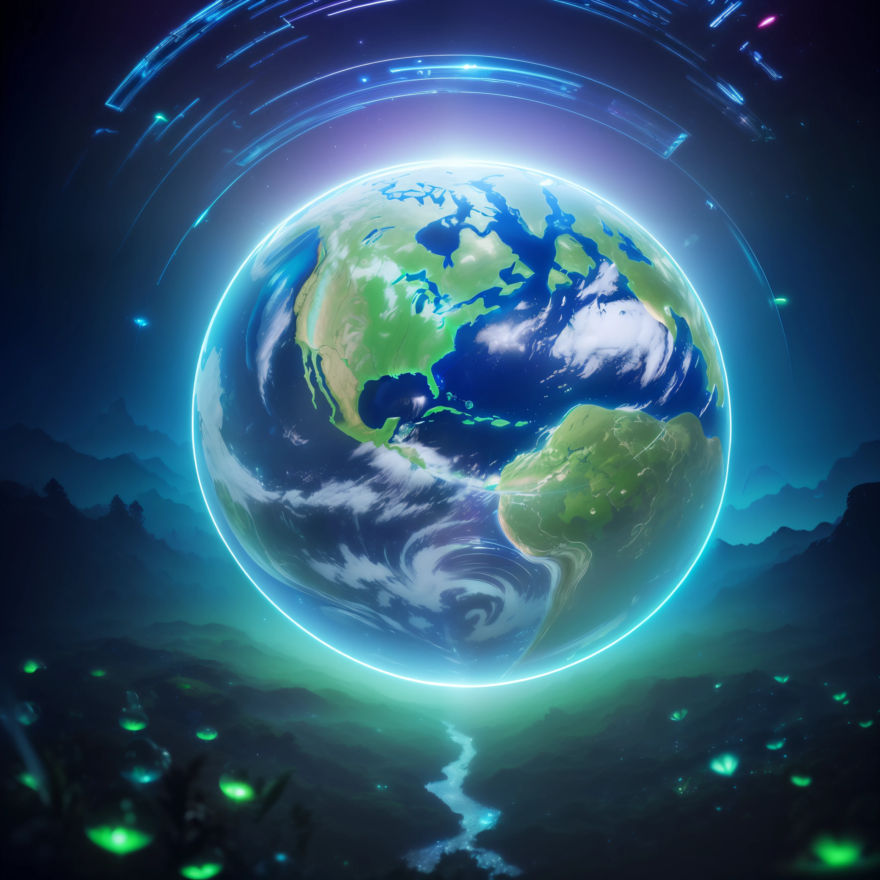 Earth Day Poster, (((, Earth & Nature, transparent plastic, Optics, surreal, magic, fantasy, work, bright, Light fluorescence, Ultra-detailed, Artstation trends, octane rendering,))), futuristic, masterpiece , Super details, best quality