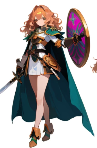 adult female, sword, holding sword, gloves, white background, full body, solo, gauntlets, multiple views, cape, small shield, holding shield, wavy hair, tachi-e, brown, orange, green, violet, white, pink,