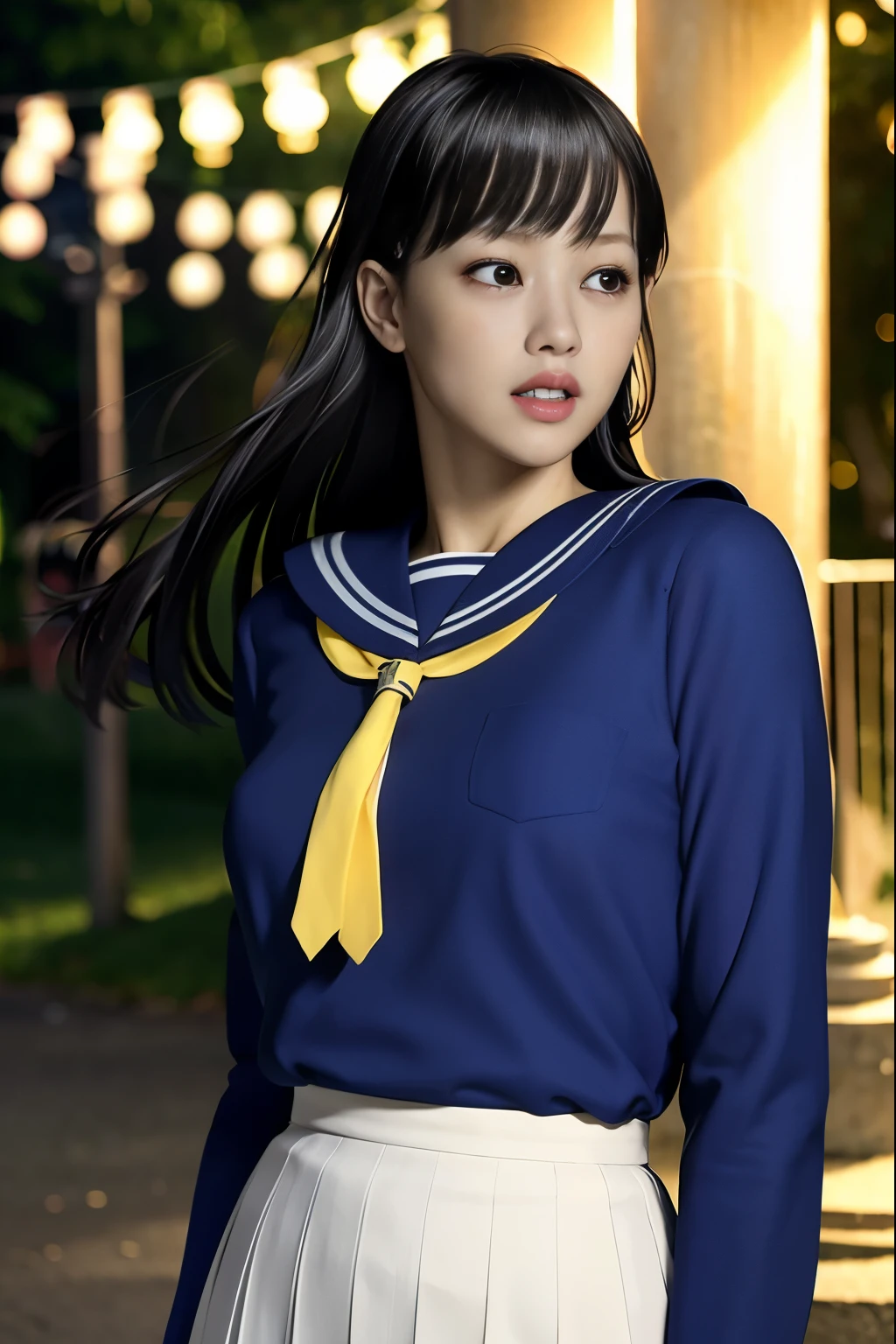 ((she is very surprised and cries、fall into fear))、(8K, highest quality, masterpiece:1.2), (realistic, photo-realistic:1.37), Super detailed,highest quality, ultra high resolution, professional lighting, photon mapping, radio city, Physically based rendering, cinematic lighting, Midnight Road,Depth of written boundary, sharp focus,sunbeam, good composition,(Bokeh:1.2) 1 girl,alone,(whole body), (closed mouth),fine and beautiful eyes, temporarily stop, tight waist,Japanese high school girl, black hair,messy hair,long hair fluttering in the wind,(Ulzzang-6500:1.2) mix 4, hiqcgbody
