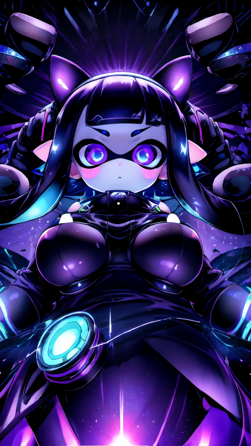 Black light, Splatoon Girl, black background, big and cute eyes、Eyes that shine like rays of light、dynamic pose、cool pose、big breasts、