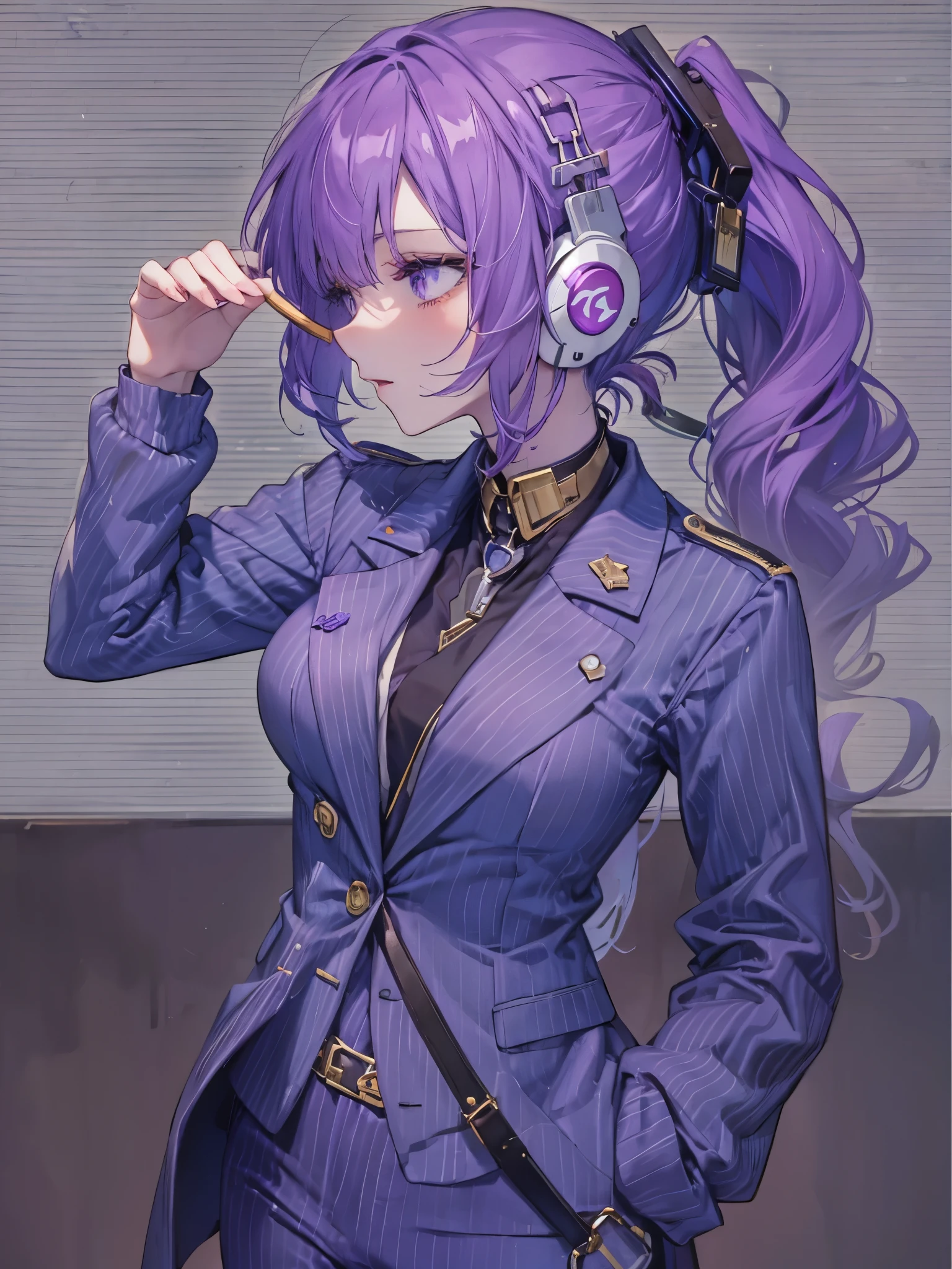 purple hair，profile，Female person，headphoneike stand、Purple suit set、black shirt、cutter shirt、Blue pubic hair in the eye