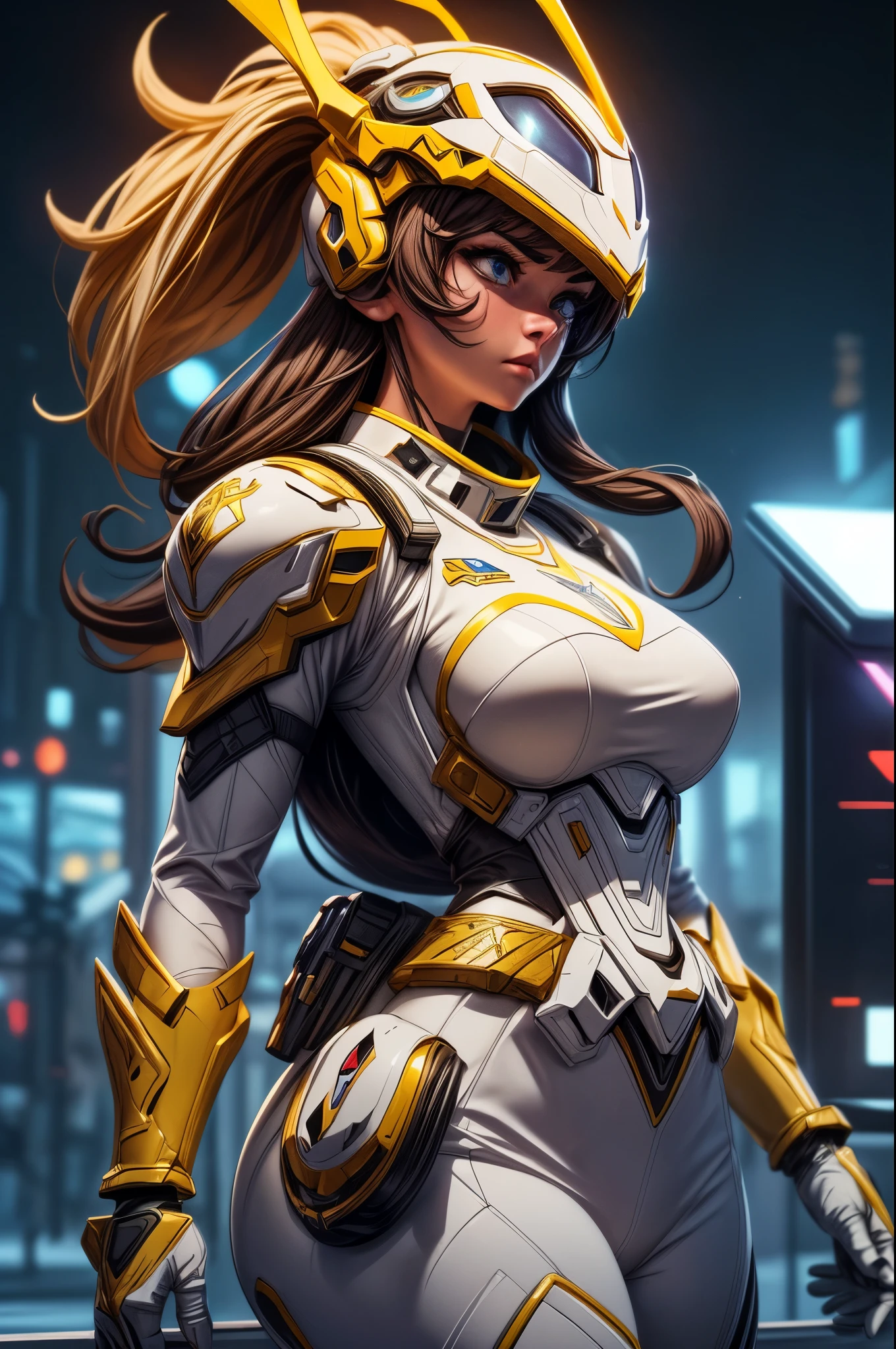 (best quality,4k,8k,highres,masterpiece:1.2),ultra-detailed, a close up of Female Sentai Ranger in a white suit with gold gloves and gold boots, detailed white armor, intricate white armor, streamlined white, Helmet shaped like a tyrannosaurus head. face hidden by visor, fully covered by armor and helmet, Asymmetrical armor, yellow claw symbol on left side of body, City background, fighting in a city park. in a city, surrounded by city, HDR, 8k, absurdres, cinestill 800, sharp focus, add_detail:3 (solo woman)
