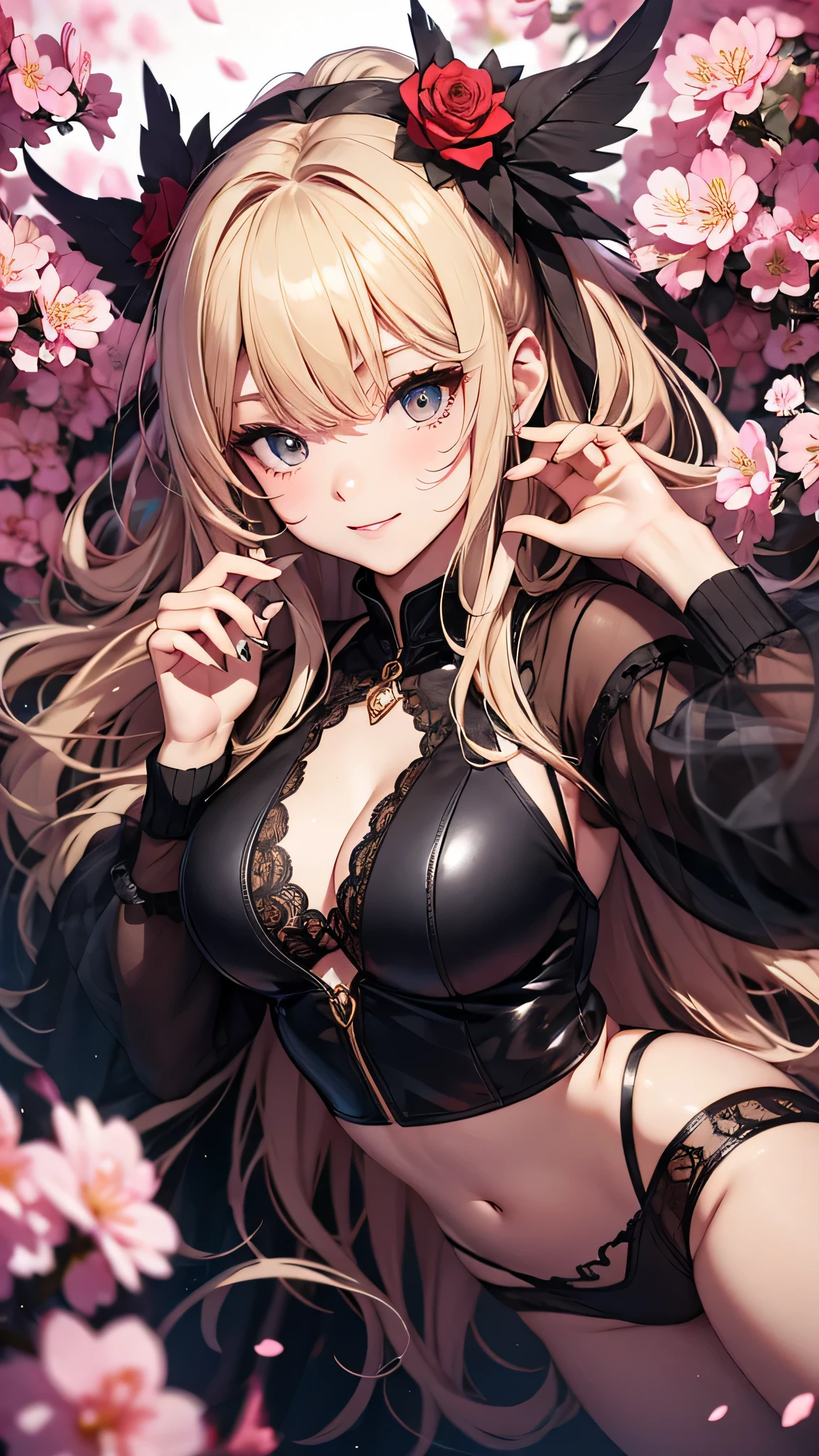 最high quality、best image quality、masterpiece、girl((18-year-old、 By becoming、vest bust、medium bust,wide open breast tea、red glowing eyes, blonde、messy hair、long hair、thin,highest valley、Show the whole body、black cheongsam、open chest、black wristband、red high heels、sexy、smile、Leaning forward、rose hair ornament、girl)),high quality、beautiful art、background((Bright Town、cherry blossoms、beautiful blue sky))、Flight、debris flies、Depth of written boundary、movie、visual art、perfect art、8K,genuine、