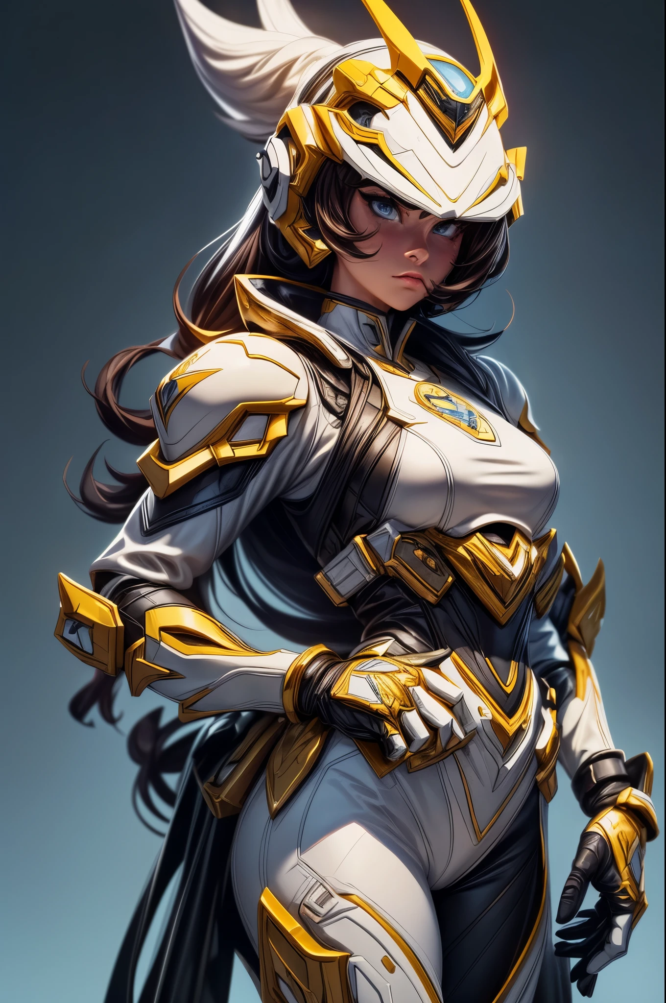 (best quality,4k,8k,highres,masterpiece:1.2),ultra-detailed, a close up of Female Sentai Ranger in a white suit with gold gloves and gold boots, detailed white armor, intricate white armor, streamlined white, Helmet shaped like a tyrannosaurus head. face hidden by visor, fully covered by armor and helmet, Asymmetrical armor, yellow claw symbol on left side of body, City background, fighting in a city park. in a city, surrounded by city, HDR, 8k, absurdres, cinestill 800, sharp focus, add_detail:3 (solo woman)
