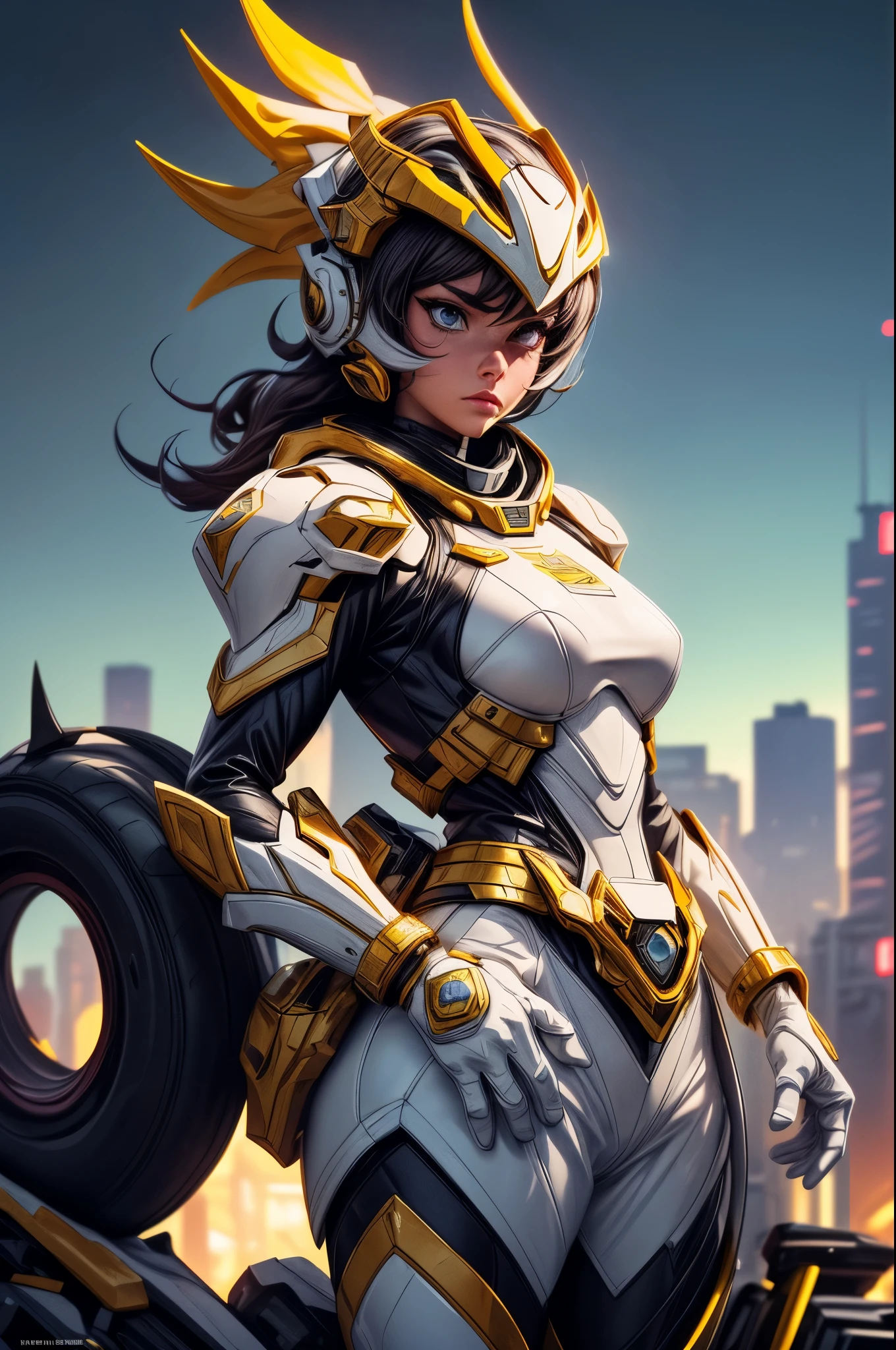 (best quality,4k,8k,highres,masterpiece:1.2),ultra-detailed, a close up of Female Sentai Ranger in a white suit with gold gloves and gold boots, detailed white armor, intricate white armor, streamlined white, Helmet shaped like a tyrannosaurus head. face hidden by visor, fully covered by armor and helmet, Asymmetrical armor, yellow claw symbol on left side of body, City background, fighting in a city park. in a city, surrounded by city, HDR, 8k, absurdres, cinestill 800, sharp focus, add_detail:3 (solo woman)
