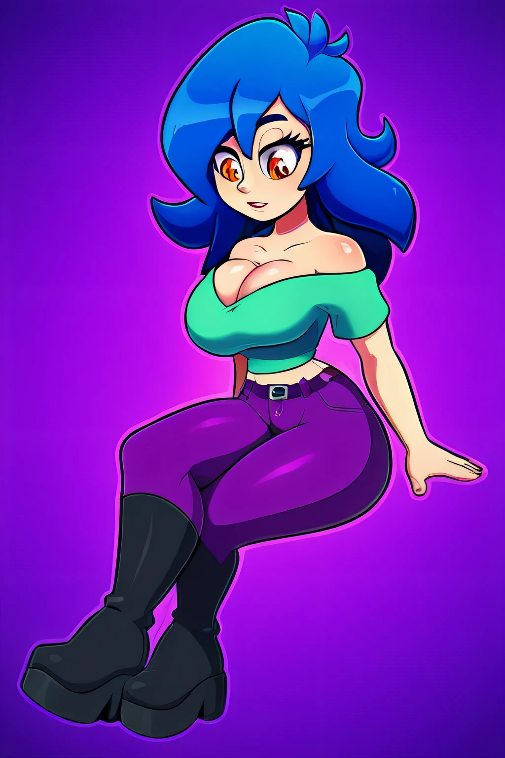 A beautiful woman Beautiful courage big chest Strong blue hair clear hair Mencho on top short her orange eyes soft eyelashes and smiles friendly confidence she wears a bright purple leather sweatshirt underneath her green shirt and her tight purple pants huge soft thighs and she is wearing black boots