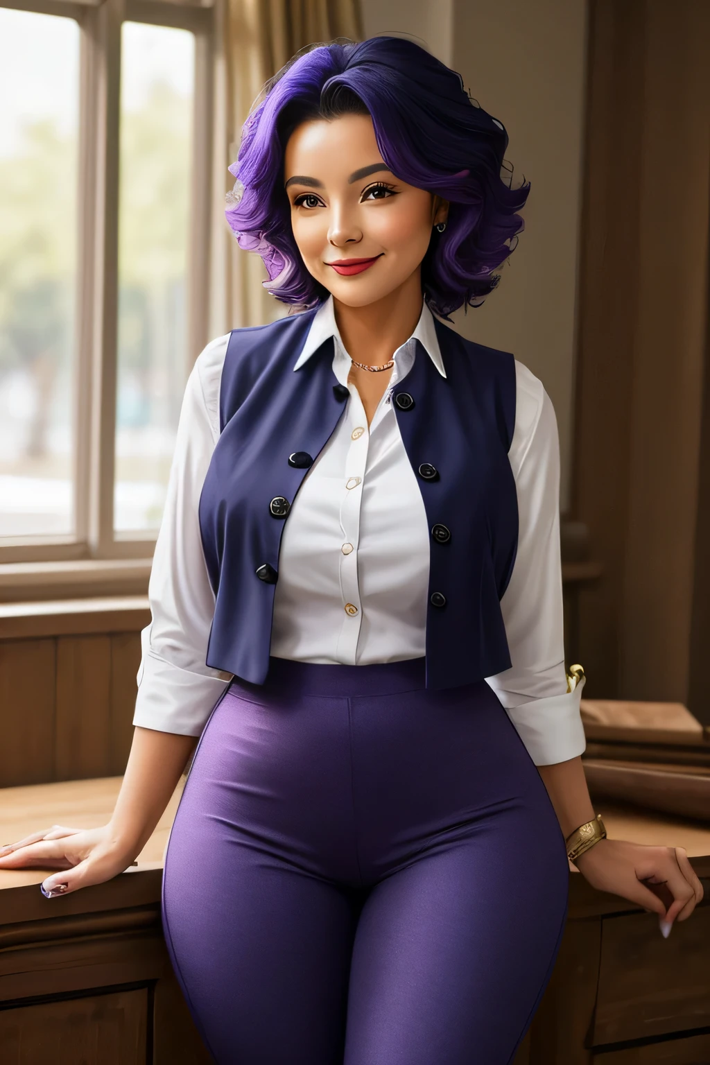 A beautiful woman Beautiful courage big chest Navy blue hair Mencho loosens her orange eyes soft eyelashes and smiles kindly confident she wears a bright purple button-down vest underneath her green shirt and her tight purple pants huge soft buttocks and she is wearing black boots