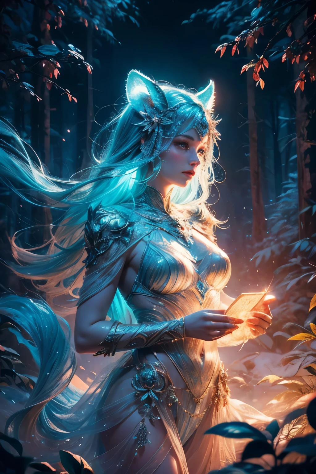 a delicate mythological creature in a forst clearing its skin like silk with a delicate pattern of spots and stripes that seemed to shimmer in the night, 8K, colorful lighting, vivid, ultra details, surreal photography ,blue,red,green,blue