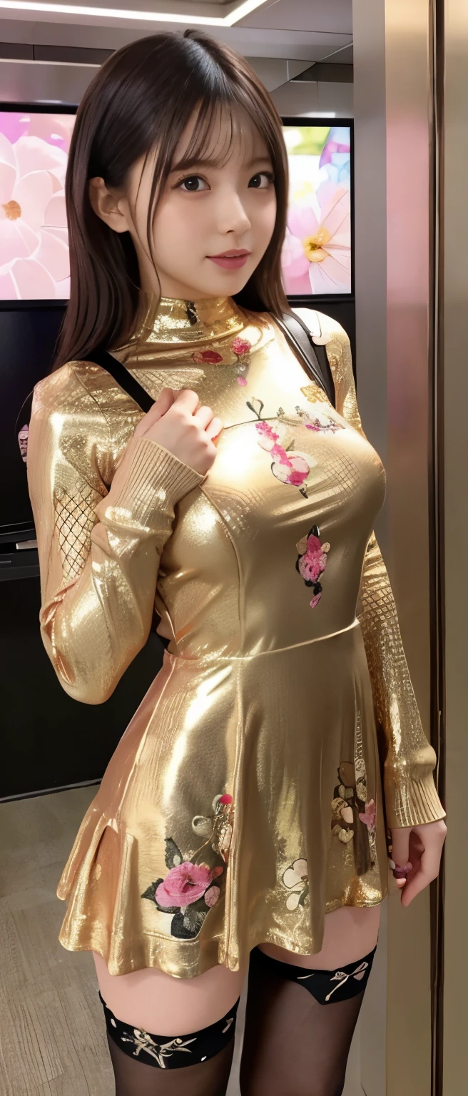 Sexy Idol Girl、whole body、good style、、、、Pink gold floral mini dress、、、、、、cyber city、Fishnet tights