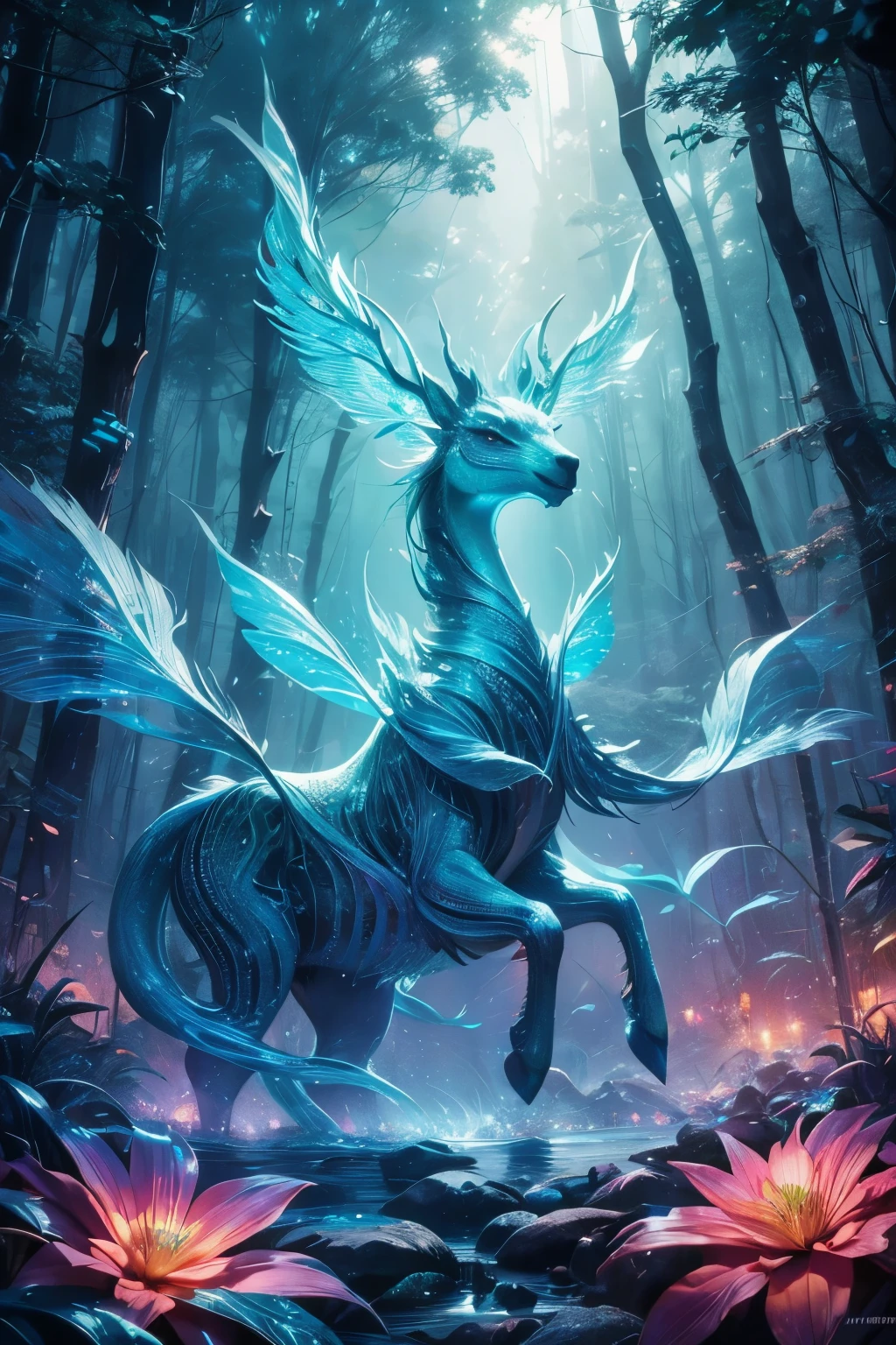a delicate mythological creature in a forst clearing its skin like silk with a delicate pattern of spots and stripes that seemed to shimmer in the night, 8K, colorful lighting, vivid, ultra details, surreal photography ，blue，red，green，blue