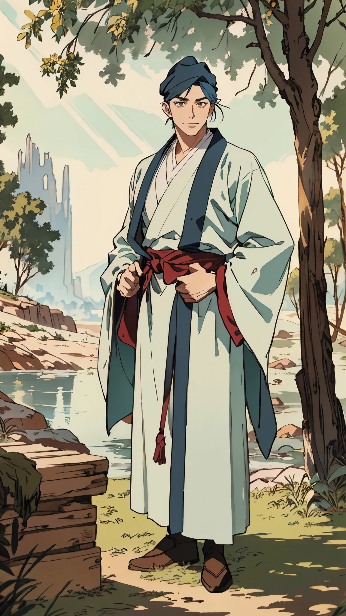 A young man wearing a scholar's square cap, clear and bright eyes, a dignified and refined face, a friendly smile, short hair is peeking out the cap, tall and slender figure, a fantasy-style scholar's long robe coat with a long hem, wide sleeves, loose trousers, bathed in sunlight amidst the gentle breeze of the woods, this character embodies a finely crafted fantasy martial arts-style scholar in anime style, exquisite and mature manga art style, high definition, best quality, highres, ultra-detailed, ultra-fine painting, extremely delicate, professional, perfect body proportions, golden ratio, anatomically correct, symmetrical face, extremely detailed eyes and face, high quality eyes, creativity, RAW photo, UHD, 32k, Natural light, cinematic lighting, masterpiece-anatomy-perfect, masterpiece:1.5