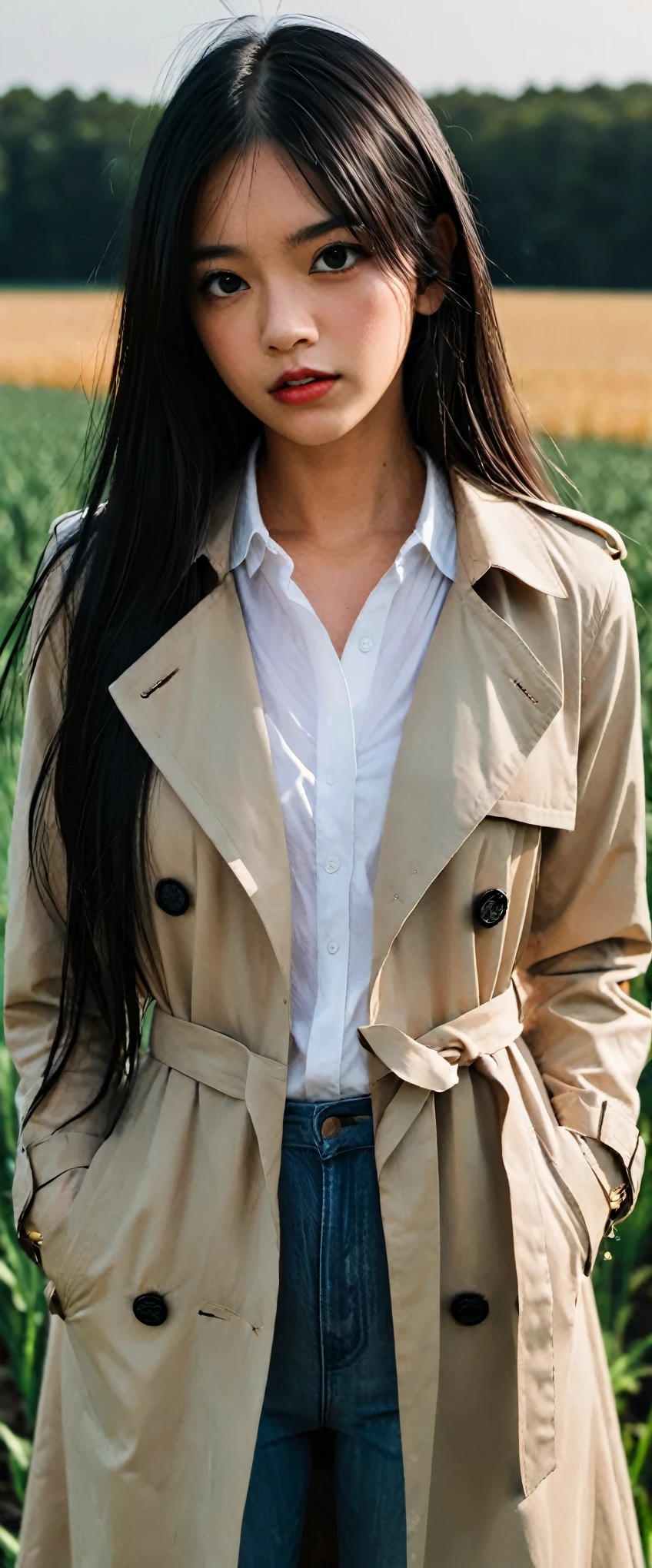 Girl standing by the field，long black hair，side，Long khaki trench coat，jeans