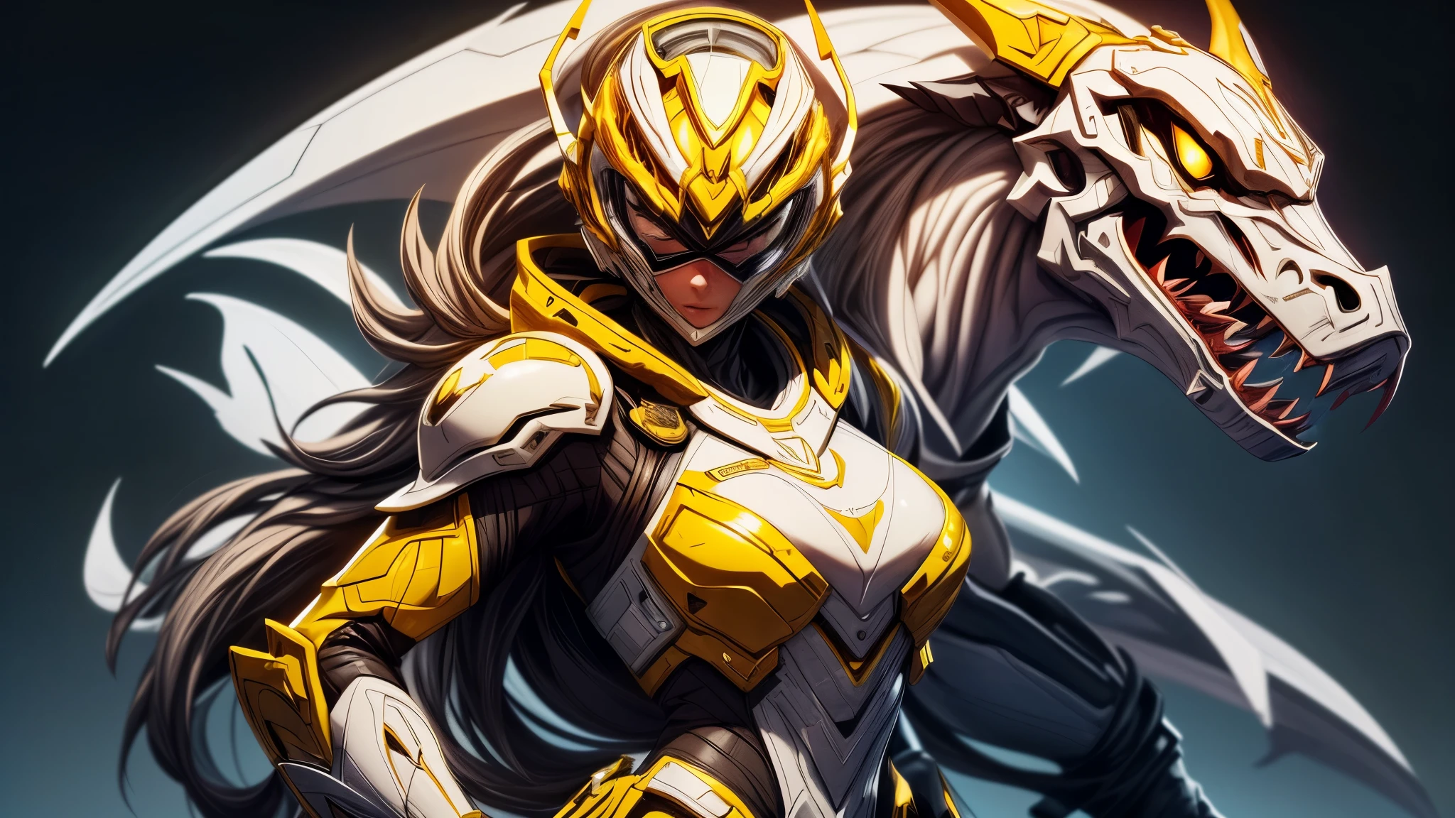 (best quality,4k,8k,highres,masterpiece:1.2),ultra-detailed, a close up of Female Sentai Ranger in a white suit with gold gloves and gold boots, detailed white armor, intricate white armor, streamlined white, Helmet shaped like a tyrannosaurus head. face hidden by visor, fully covered by armor and helmet, Asymmetrical armor, yellow claw symbol on left side of body, City background, fighting in a city park. in a city, surrounded by city, HDR, 8k, absurdres, cinestill 800, sharp focus, add_detail:3 (solo woman)
