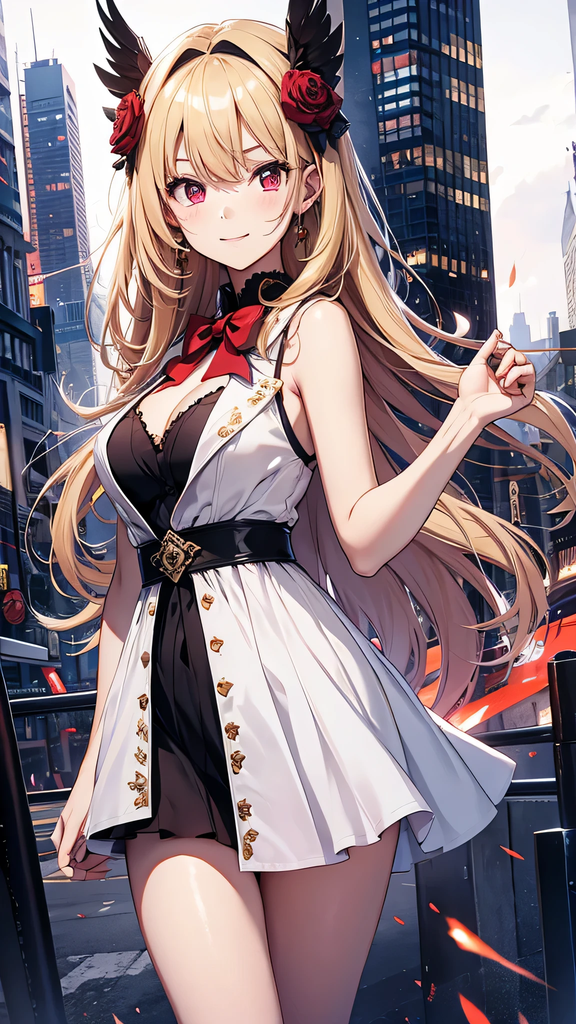 最high quality、best image quality、masterpiece、girl((18-year-old、 By becoming、vest bust、medium bust,wide open breast tea、red glowing eyes, blonde、messy hair、long hair、thin,highest valley、Show the whole body、white dress、long skirt、open chest、White wristband、red shoes、sexy、smile、Leaning forward、rose hair ornament、Holding a handgun、Whole body return blood)),high quality、beautiful art、background((In the office at night))、Flight、debris flies、Depth of written boundary、movie、visual art、perfect art、8K,genuine、