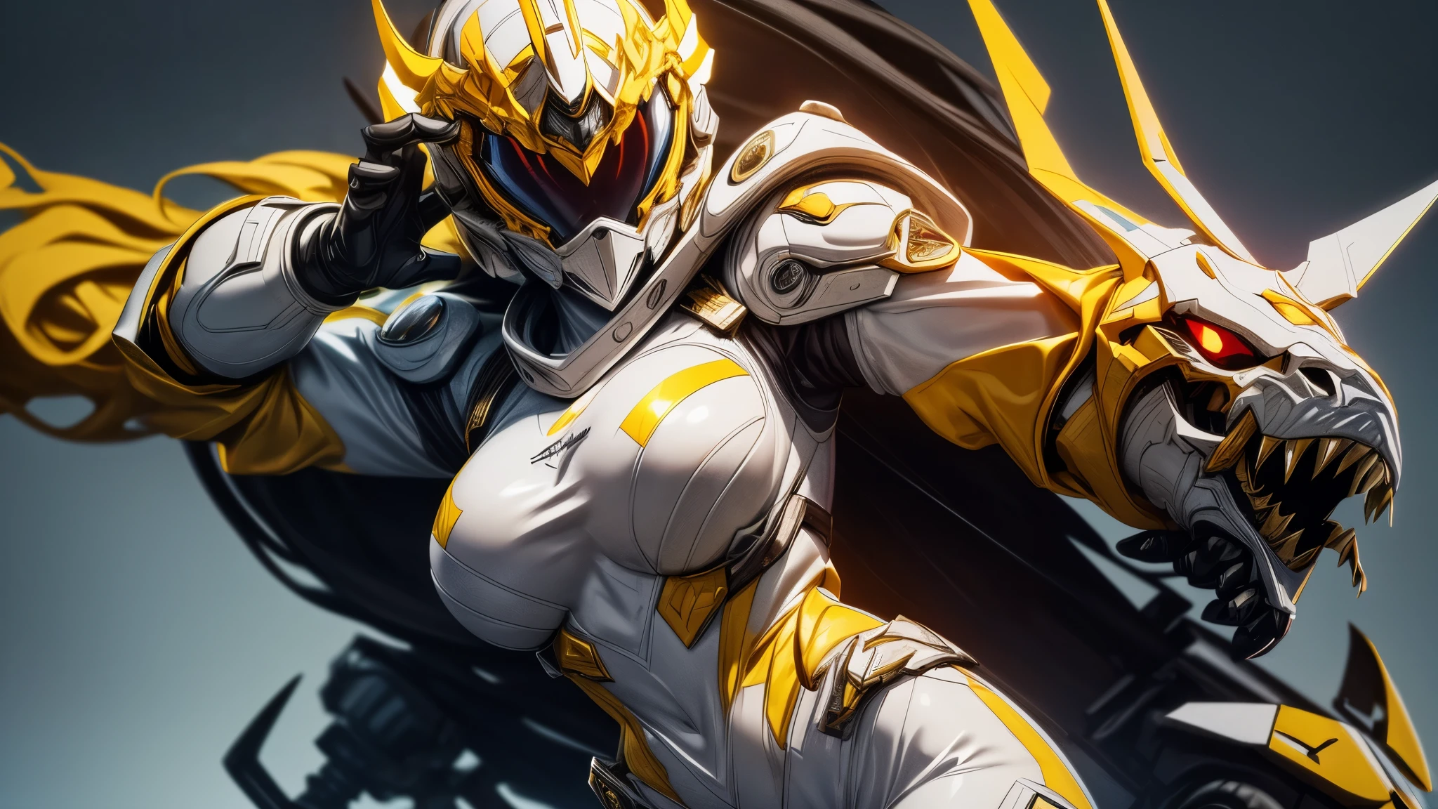 (best quality,4k,8k,highres,masterpiece:1.2),ultra-detailed, a close up of Female Sentai Ranger in a white suit with gold gloves and gold boots, detailed white armor, intricate white armor, streamlined white, Helmet shaped like a tyrannosaurus head. face hidden by visor, fully covered by armor and helmet, Asymmetrical armor, yellow claw symbol on left side of body, City background, fighting in a city park. in a city, surrounded by city, HDR, 8k, absurdres, cinestill 800, sharp focus, add_detail:3 (solo woman)
