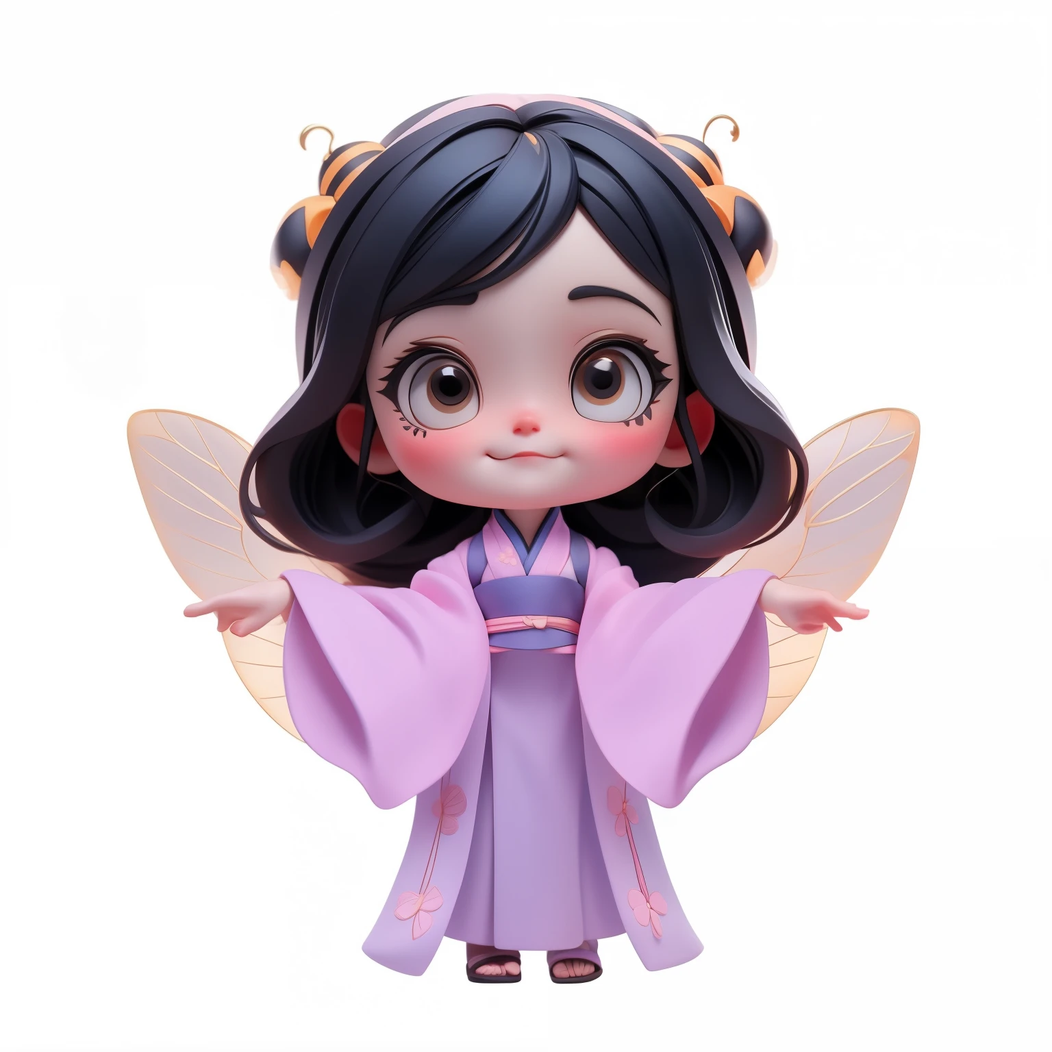 best quality, ultra detailed, chibi style,1 cute girl,dancing,black hair, pink HanFu with flowers embroidered patterns,black eyes,4 Transparent bee wings flapping rapidly behind her,