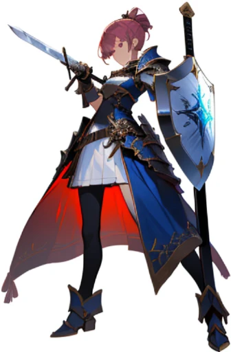 adult female, sword, holding sword, gloves, white background, full body, solo, gauntlets, fantasy cloth, small shield, stand posture,